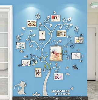 3D Tree Wall Stickers - Family Tree Wall Decor Black Trunk Picture Frame DIY Photo Frame Decals Family Frames Living Room (Silver, X-Large)
