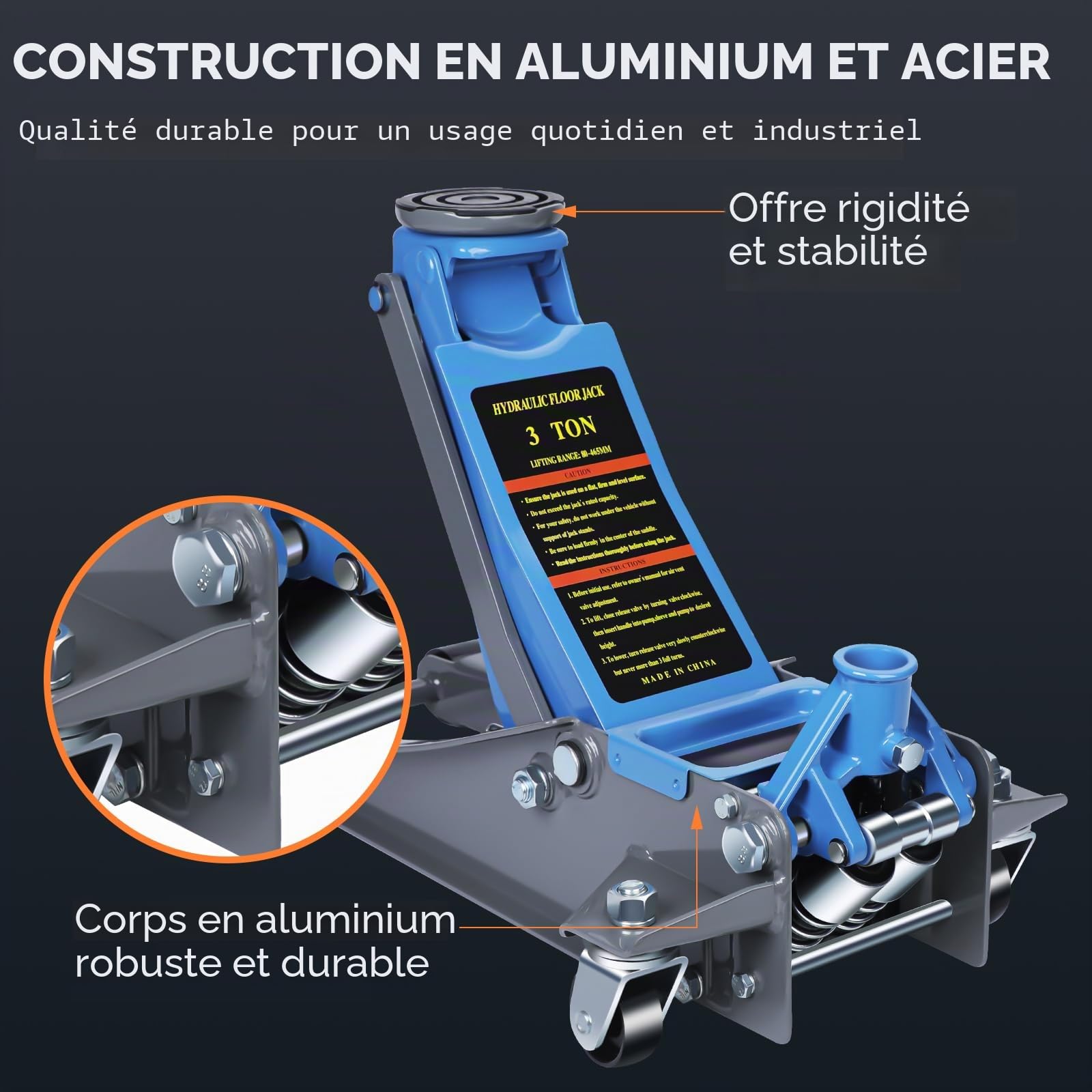 LARBANKE Cric hydraulique à profil bas de 3 tonnes pour voiture, construit en aluminium et acier durables, cric de sol avec double système de pompe pour un levage rapide, capacité de 2993,7 kg, plage