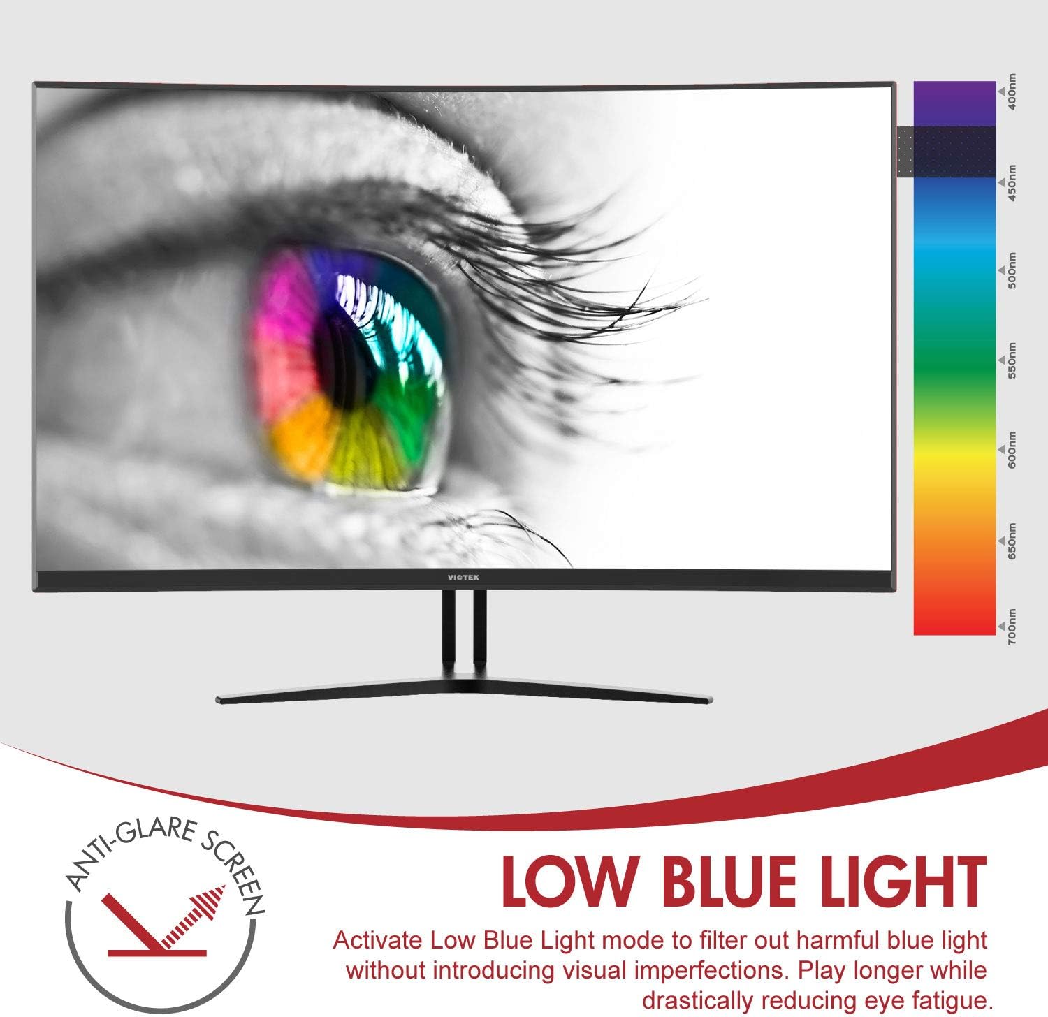 Viotek GN32DB monitor displaying a human eye with a color spectrum chart, illustrating the Low Blue Light feature.