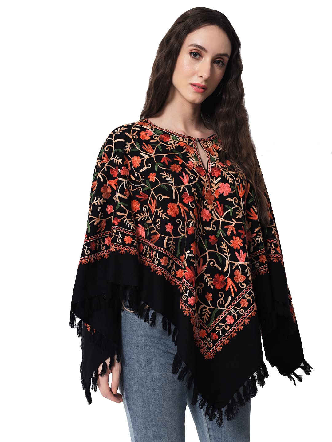 Women's Wool Poncho Shrug Top, Kashmiri Embroidery Jaal, Inner Lining