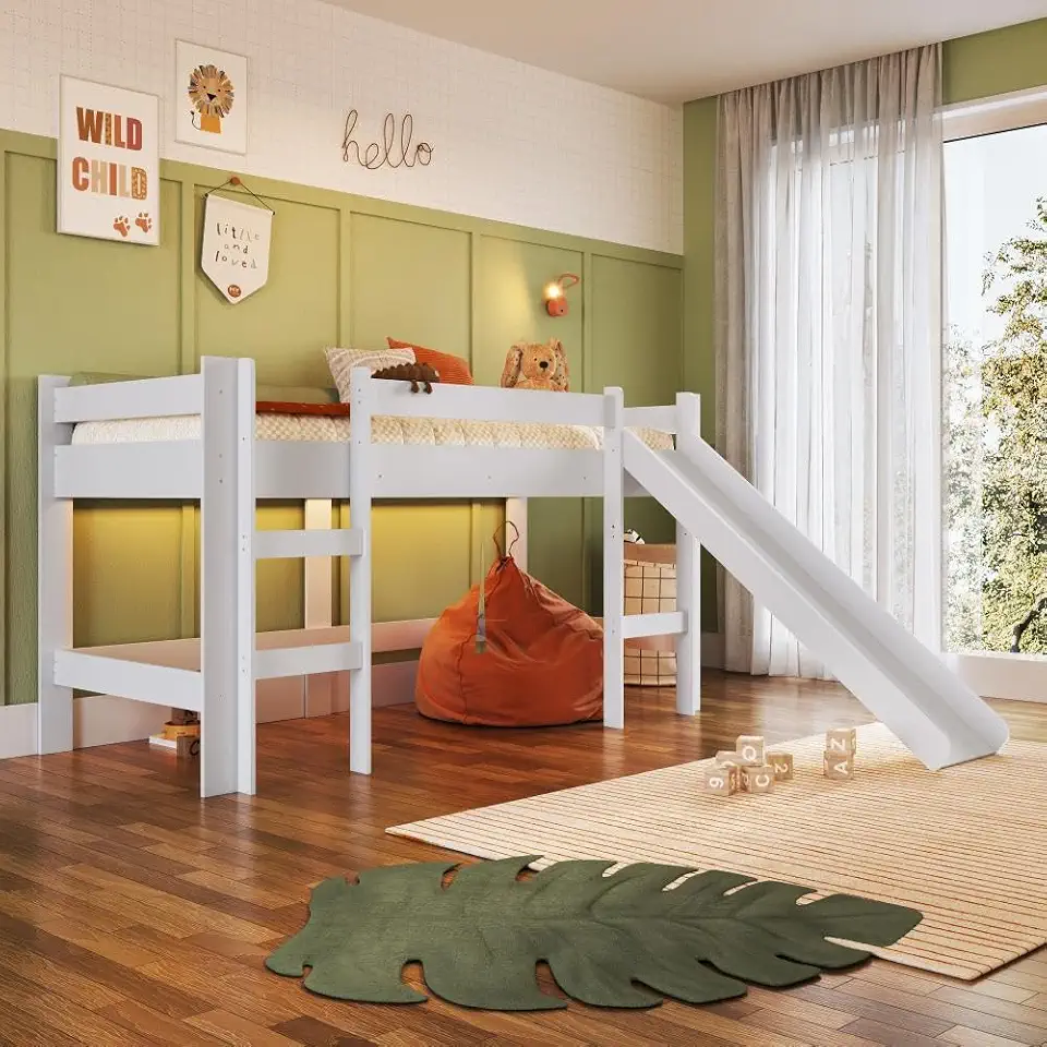 Cama Infantil Elevada Casinha Menino Menina Solteiro 202cm com Escada e Escorregador