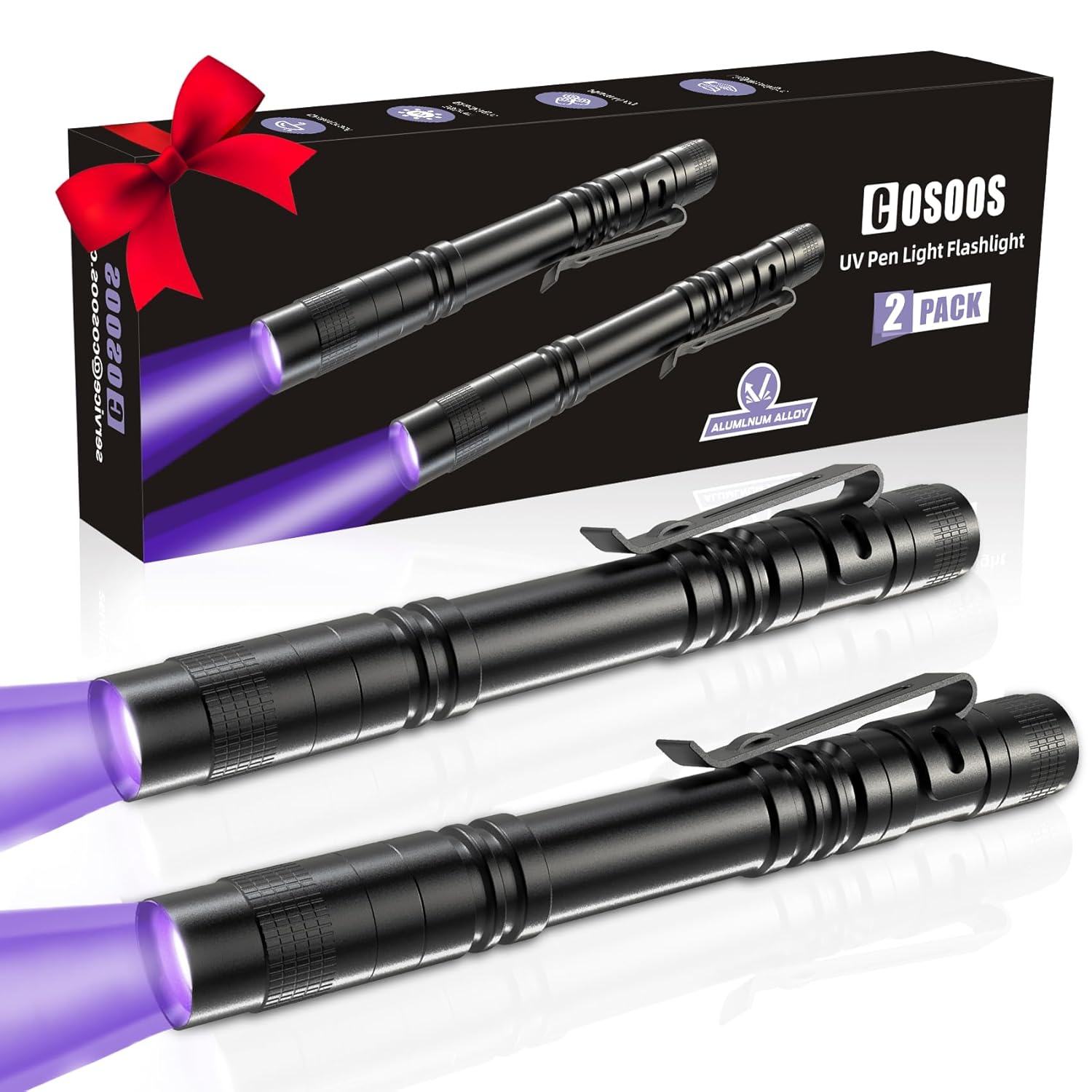 COSOOS 2 UV Black Light Flashlight 2 Pack 395nm Mini Pen Light with Clip Waterproof Ultraviolet Flashlight for