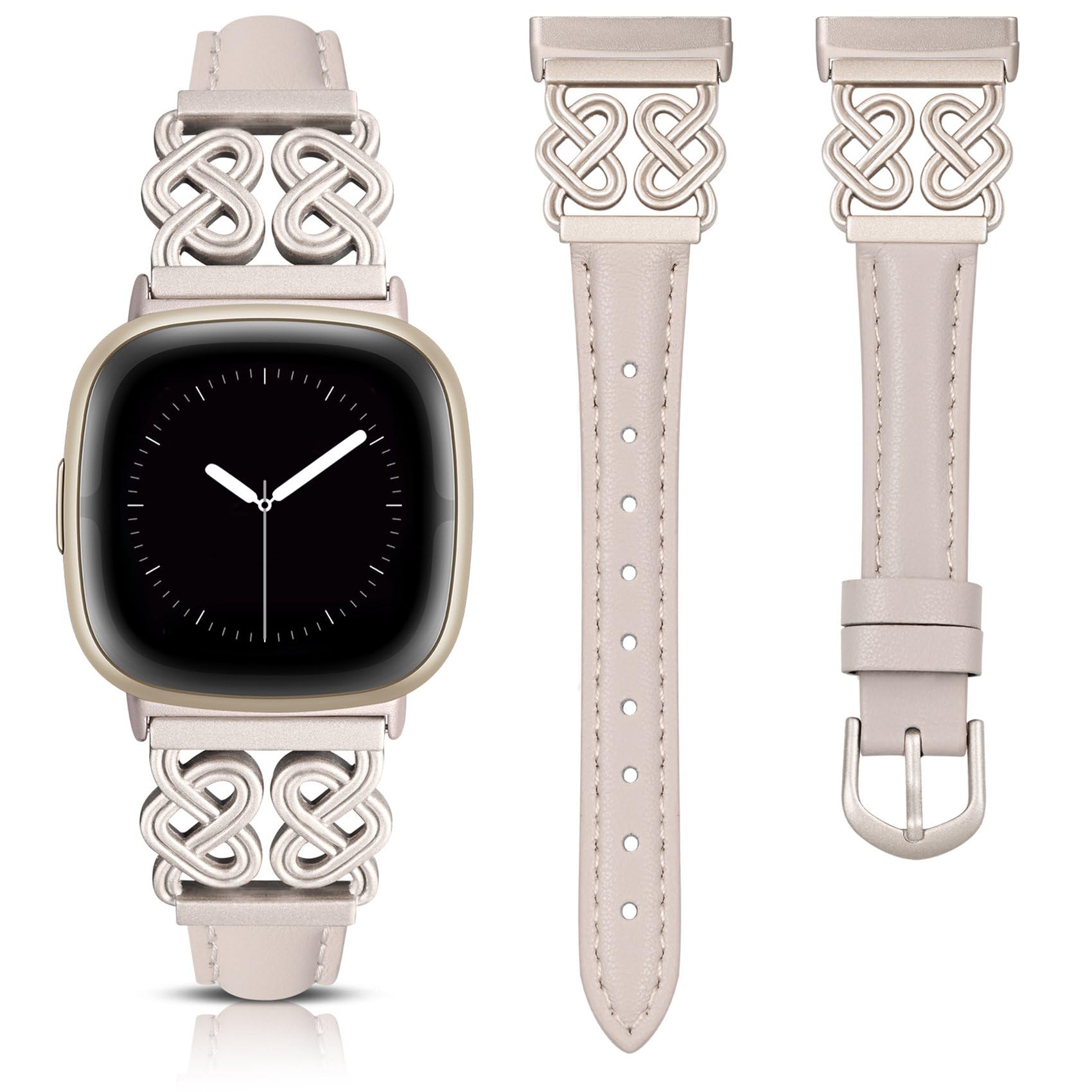 TOYOUTHS Leather Strap Compatible with Fitbit Versa 4/Versa 3/Sense 2/Sense Bracelet Women, Dressy Slim Leather Strap with Celtic Heart-Shaped Knot Buckle for Versa 4 Sense 2, Starlight/Starlight