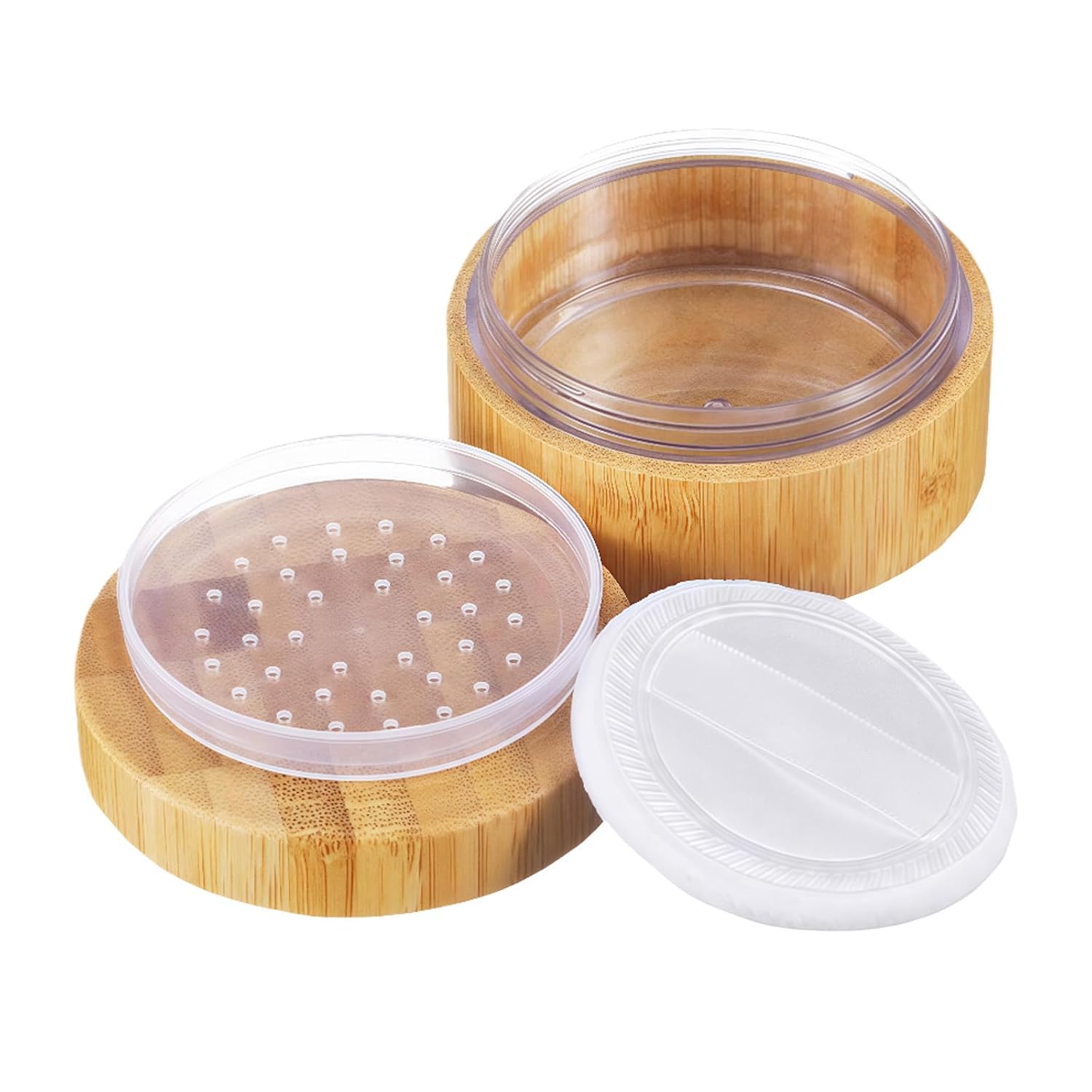 1 Pcs 30ml Empty Bamboo Loose Powder Container Make-up Loose Powder Box Case Container Holder with Sifter Lids and Powder Puff