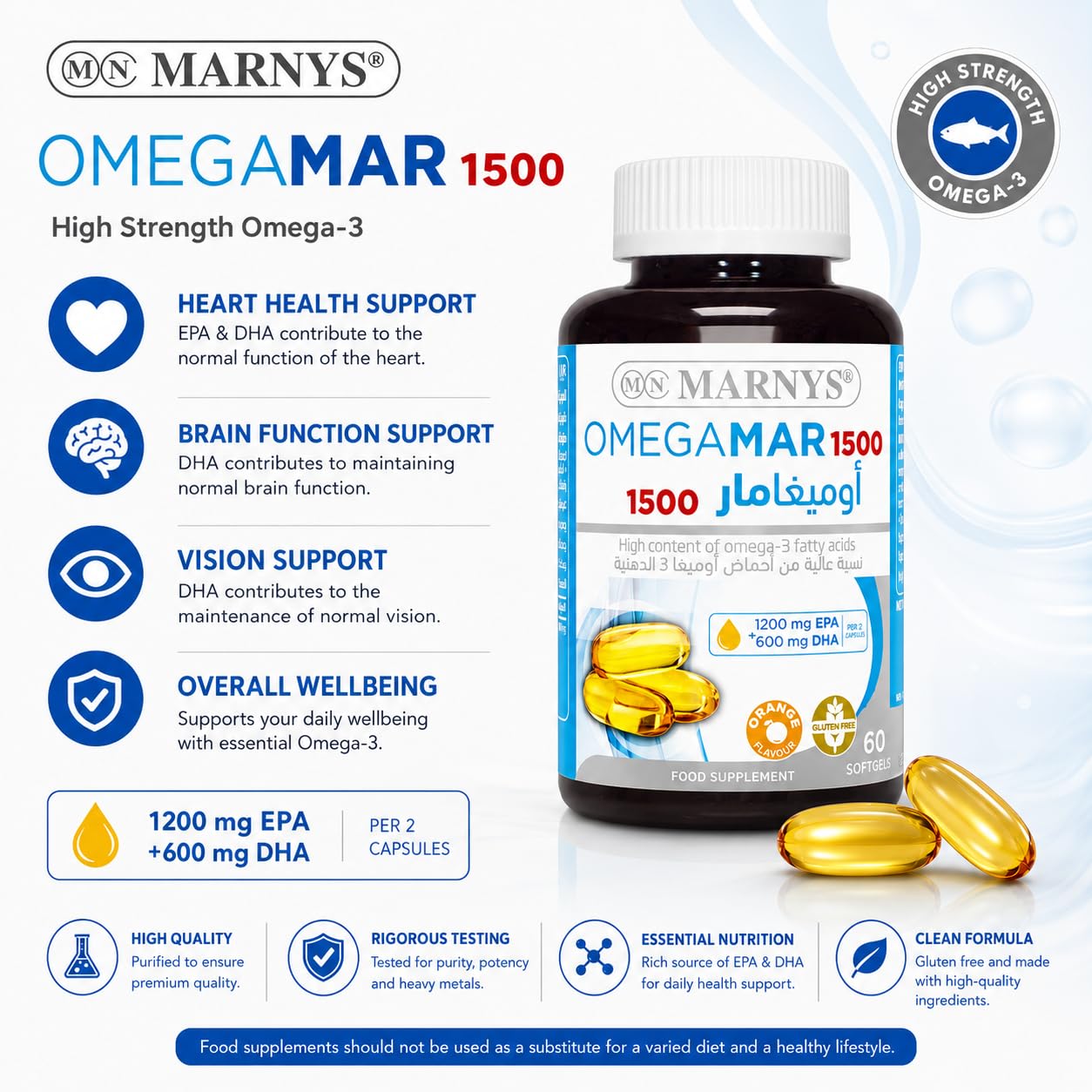 MARNYS Omegamar 1500 Fish Oil 60 Capsules, High-Strength Omega-3 with EPA & DHA plus Vitamin E, Marine Fatty Acid Food Supplement for Adults, Heart-Healthy Diet & Daily Wellbeing