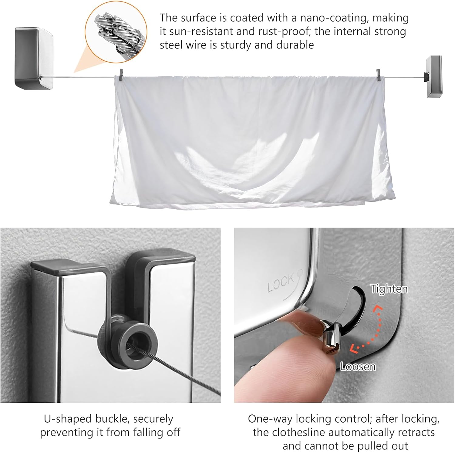 Heavy Duty Stainless Steel Retractable Clothesline Indoor for Drying Laundry,Wall Mounted Retractable Clothes with Steel Line,SquareRetractable Laundry Line 11.48FT/3.5M (Silver)