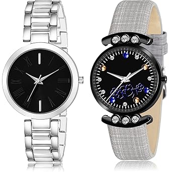 TIMENTER Rich Simple Casual Chain and Simple Casual Analog Black Color Dial Girls Watch - G601-GW1 (Pack of 2)