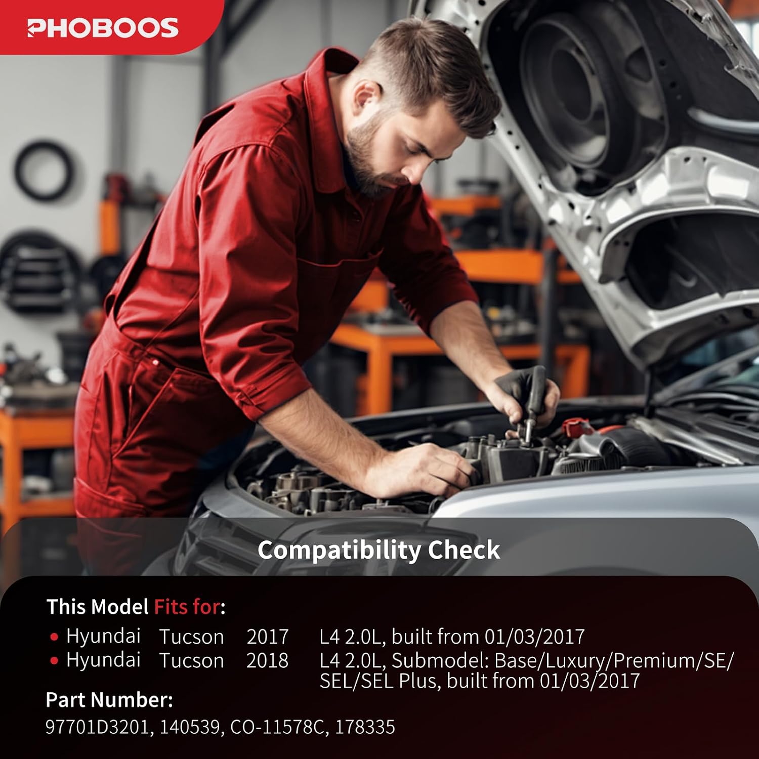 phoboos a/c compressor with clutch compatible with hyundai tucson 2.0l 2017-2018 (from 01/03/2017), fast cooling, low noise, easy installation, ref.co-11578c, 178335