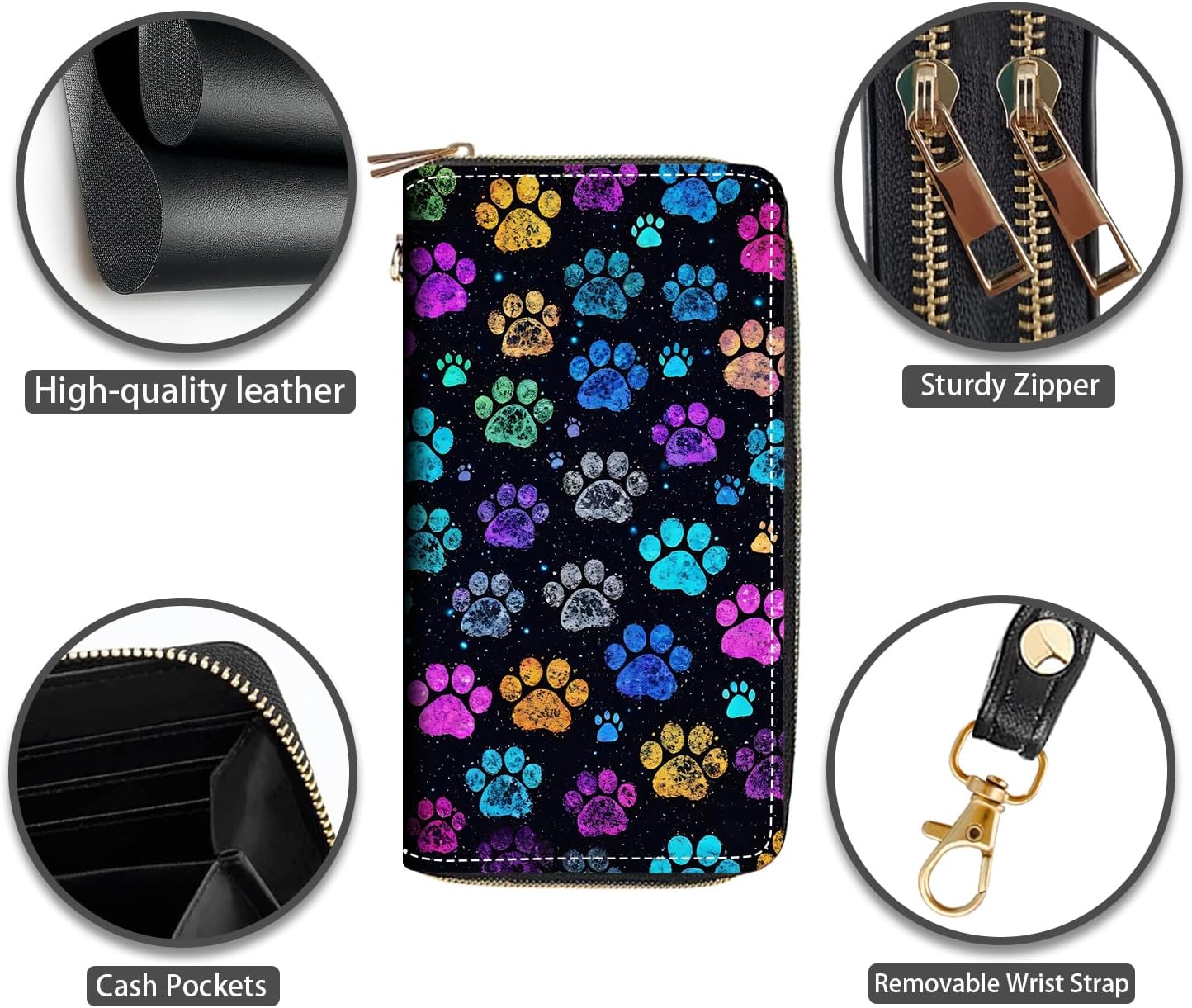 Colorful Dog Paw Prints Print Women Large Capacity PU Leather Double Zipper Wallet, Multifunctional Clutch Purse for Cash/Card/Coin/Smart Phone - Image 4