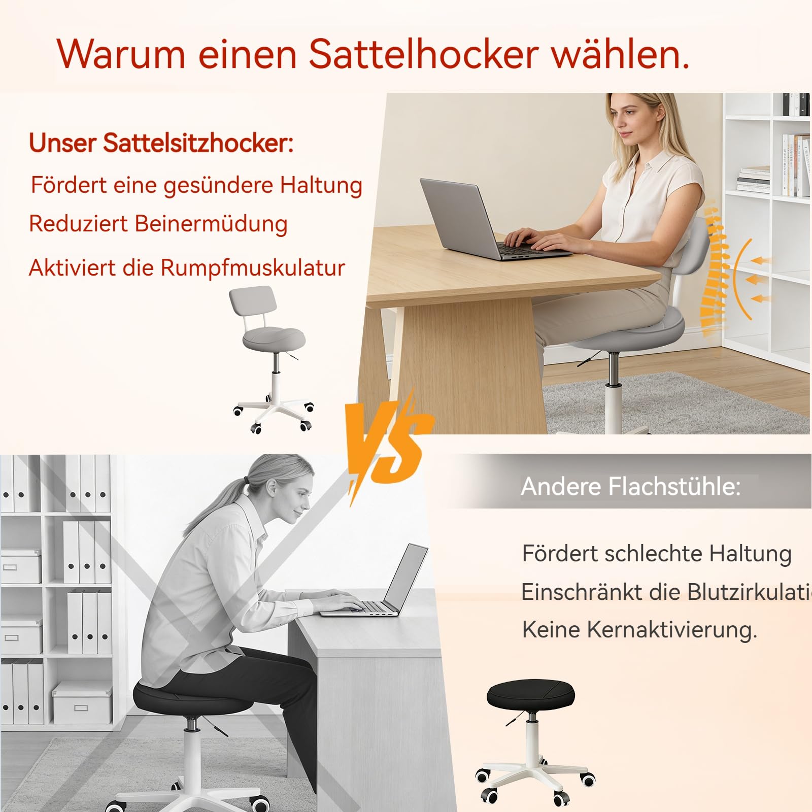 Sattelhocker mit Rückenlehne, gepolsterter Sitz, ergonomischer Schreibtischstuhl, Rollhocker mit Rollen für Friseur, Zahnarzt, Spa, Massage, Büro & Zuhause