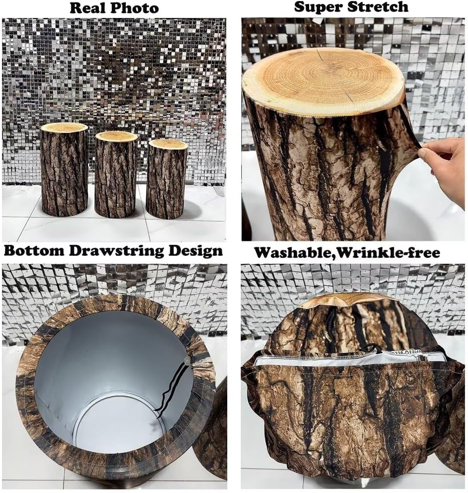 5 Pcs Party Cylinder Stand Covers Spandex Pedestal Cover Tree Bark Wood Grainy Texture Cylinder Covers for Metal Cylinder Pedestal Stands Wedding, Pedestal Stand Not Included (NO-228)