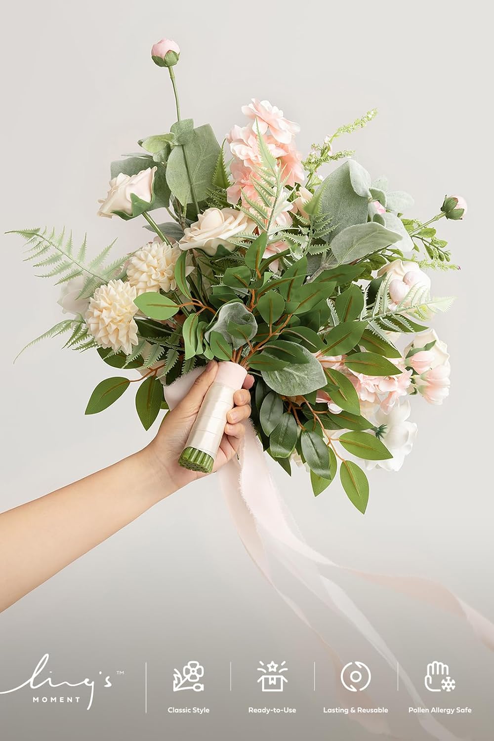 Ling's moment Blush Pink Wedding Bouquets for Bride, Blush and Cream Bridal Bouquets for Bride, 15 Inch Free Form Artificial Wedding Flower Bouquet