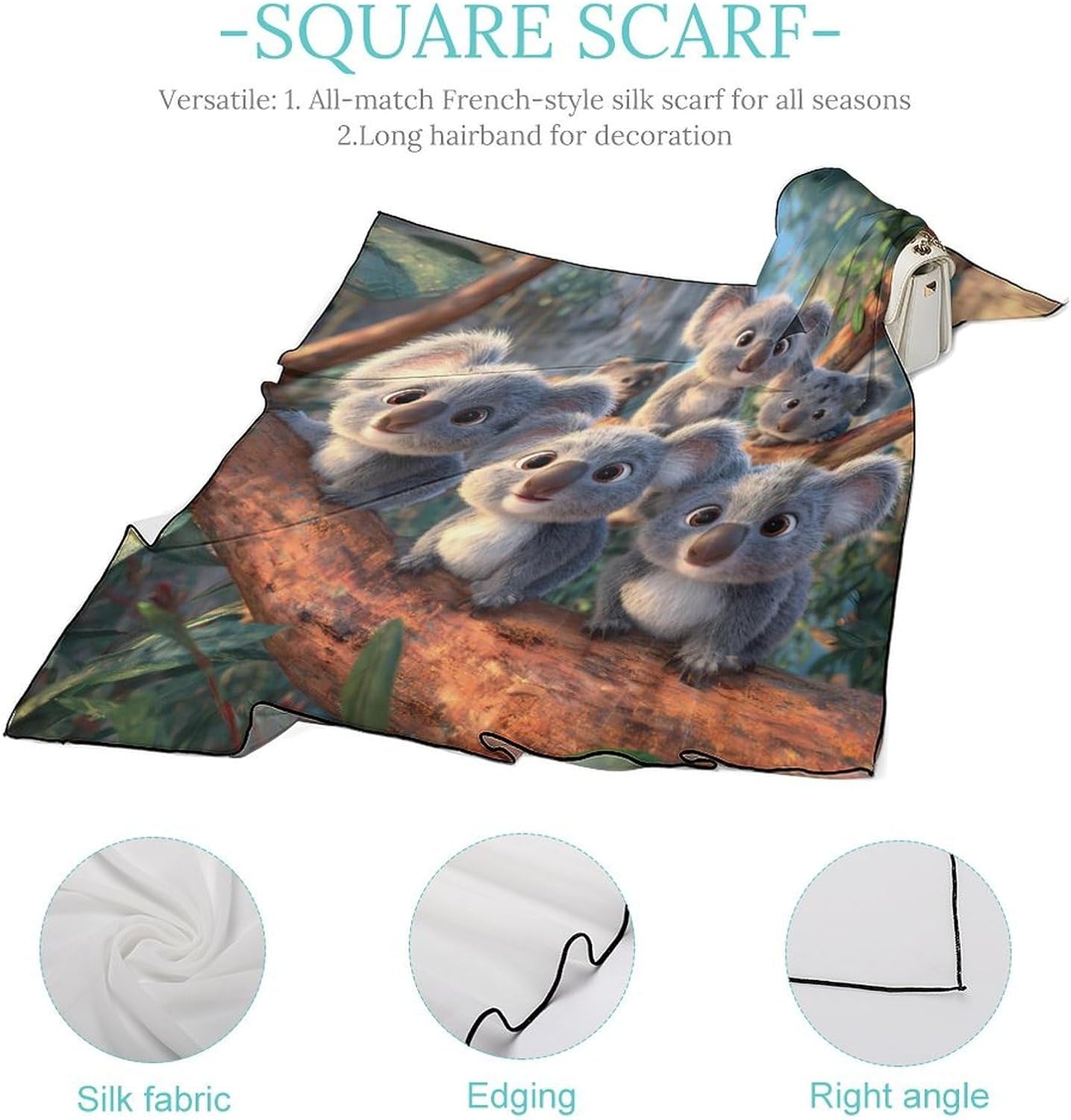 Koala Silk-Like Square Scarf for Women Vintage Printed Neck Scarf Bandanas Hair Scarves