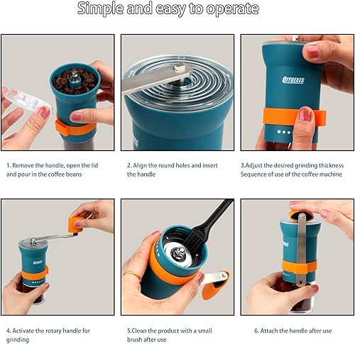 Miniatura 6 de Molinillo de café manual portátil con rebaba cónica y 6 ajustes de grosor ajustables, molinillo de frijoles de manivela para camping, senderismo y