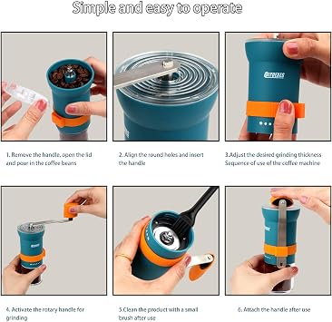 Portable Manual Coffee Grinder with Conical Burr and Adjustable 6 Coarseness Settings, Hand Crank Bean Mill for Camping, Hiking and Travel Use