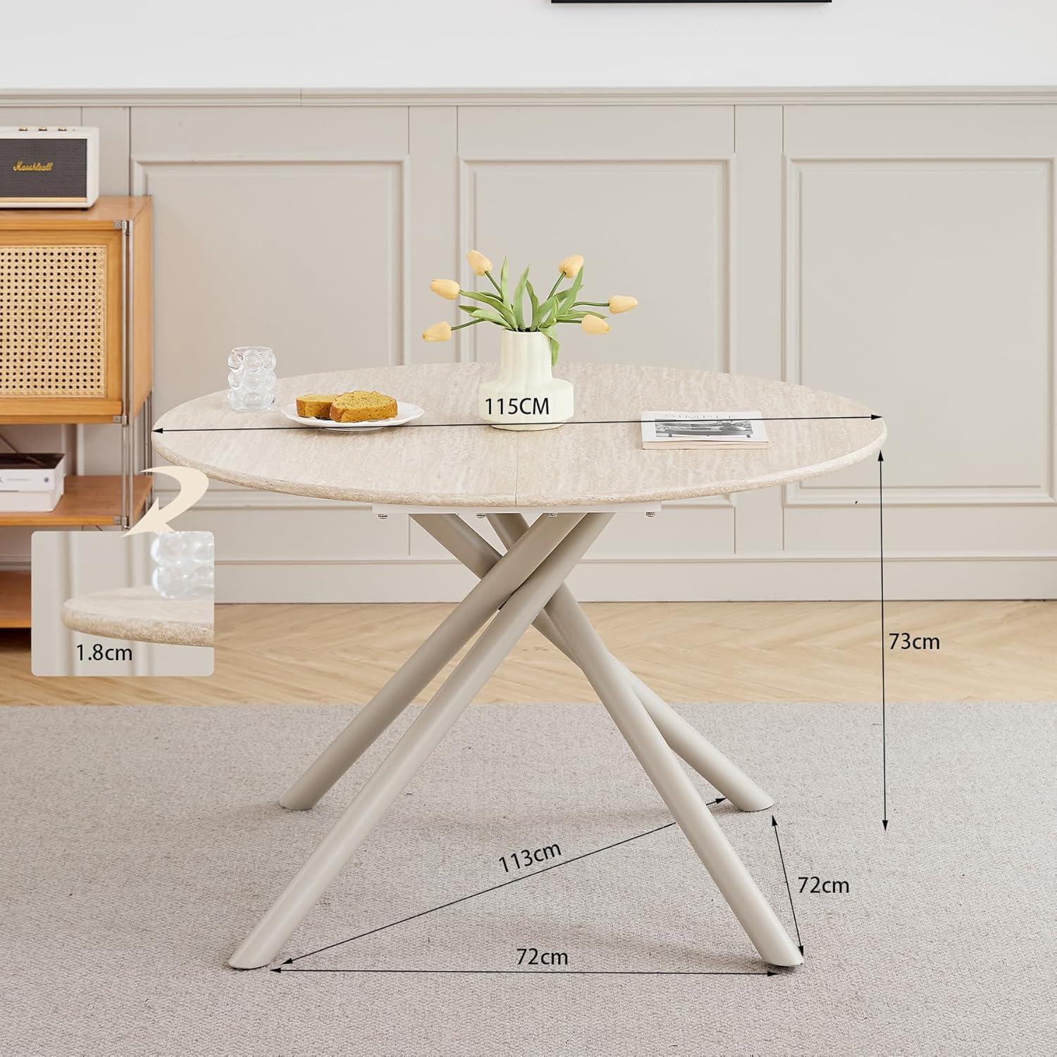 GrandCA HOME Juego de Comedor de Estilo nórdico Mesa Redonda de 115 cm con 4 sillas de Comedor tapizadas en Lino Ideal para Cocina, Comedor y Sala de Estar (Amarillo Claro + Beige)