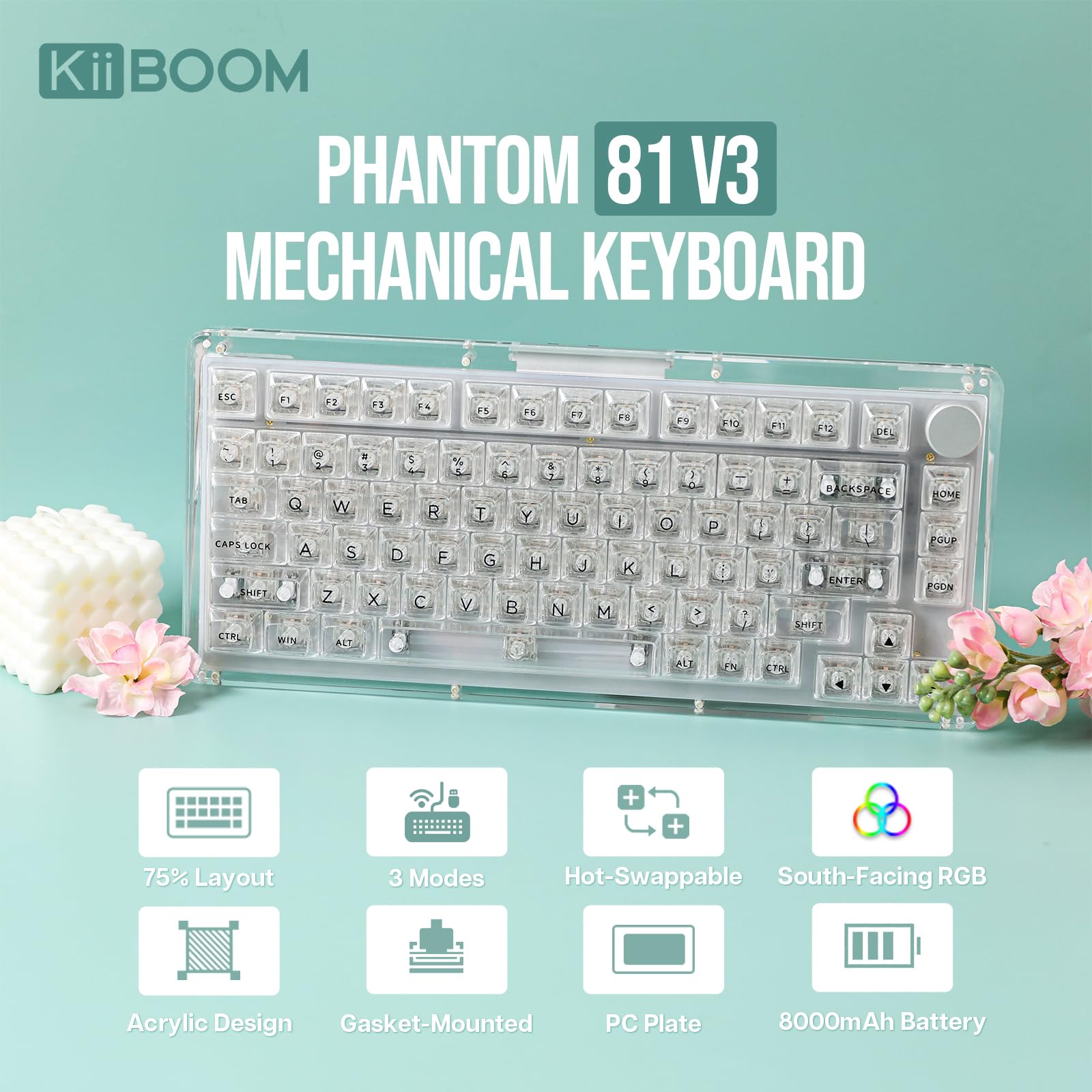 KiiBoom Teclado mecânico para jogos Phantom 81 V3 75% transparente