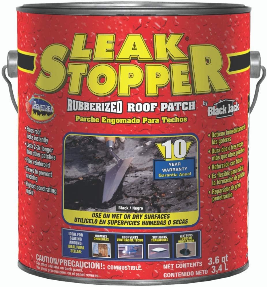 Leak Stopper Rubberized Roof Patch 1 Gallon | 100% Flexible Instant Sealant for Built-Up Roofs, SBS Modified Roofs, Metal Roofs & Many Other Surfaces | 10 Years Warranty | Black |