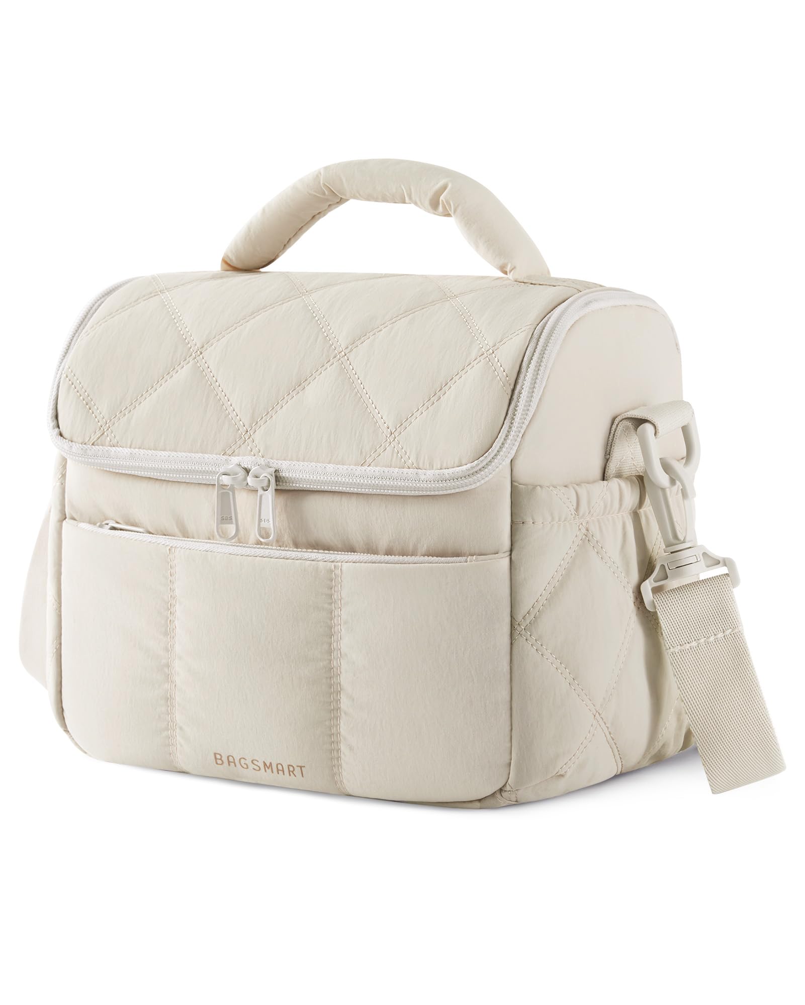 BAGSMART Insulated Lunch Bags for Women, Cute Quilted Lunch Box, Lightweight Puffy Padded Waterproof Lunch Tote, Reusable Lunch Cooler for Work Picnic Travel, Beige