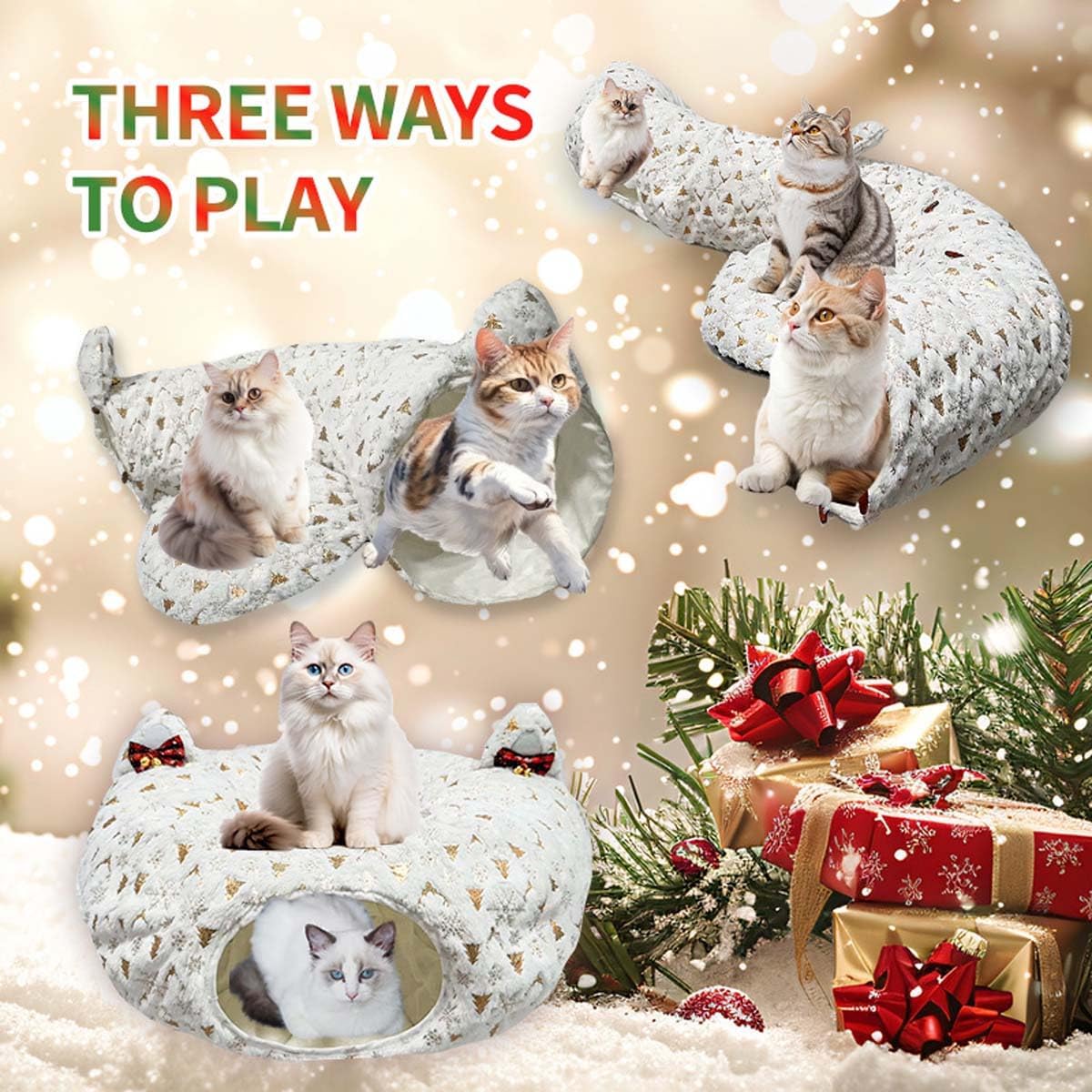 Cat Tunnel Bed & Tree Skirt - Christmas Edition, Suitable for Medium & Small Cats