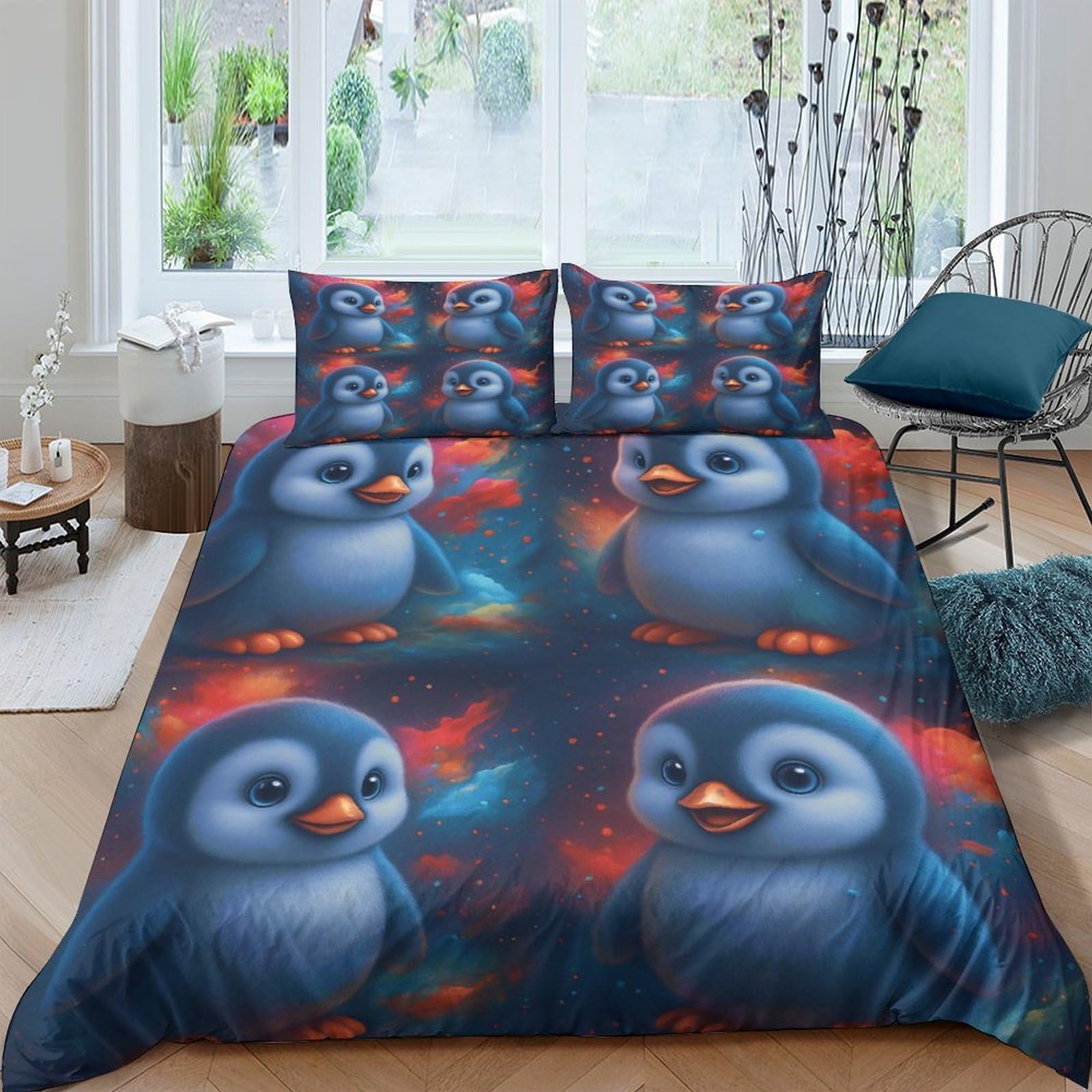 TUFRTGYHN 3D Printed Cute Penguin Duvet Cover Microfiber Soft Breathable Blue Cartoon Bedding Set with 2 Pillowcases for Bedroom Decor Single（135x200cm）