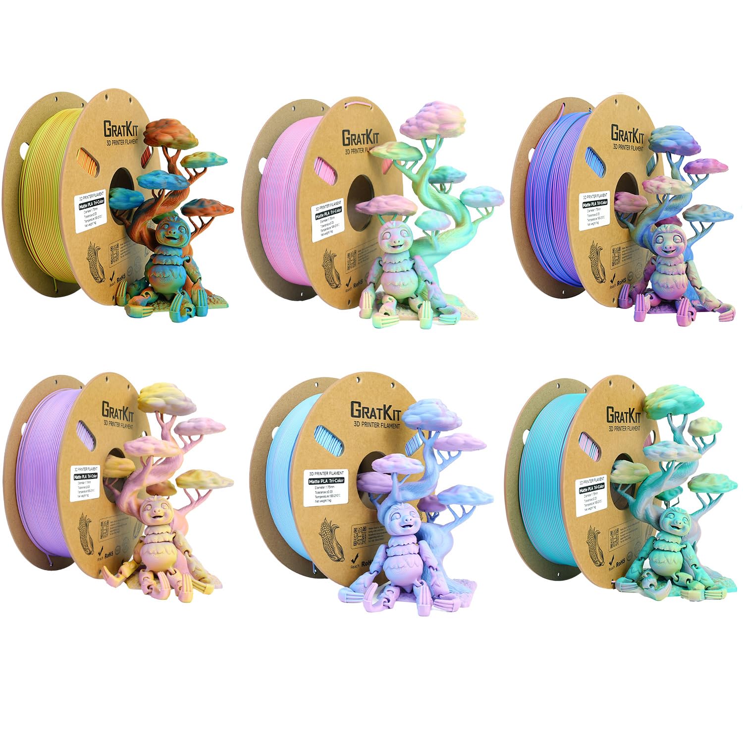 Gratkit Matte Tri-Color PLA Filament,6 * 1KG/Roll, Matte PLA 6KG Bundle
