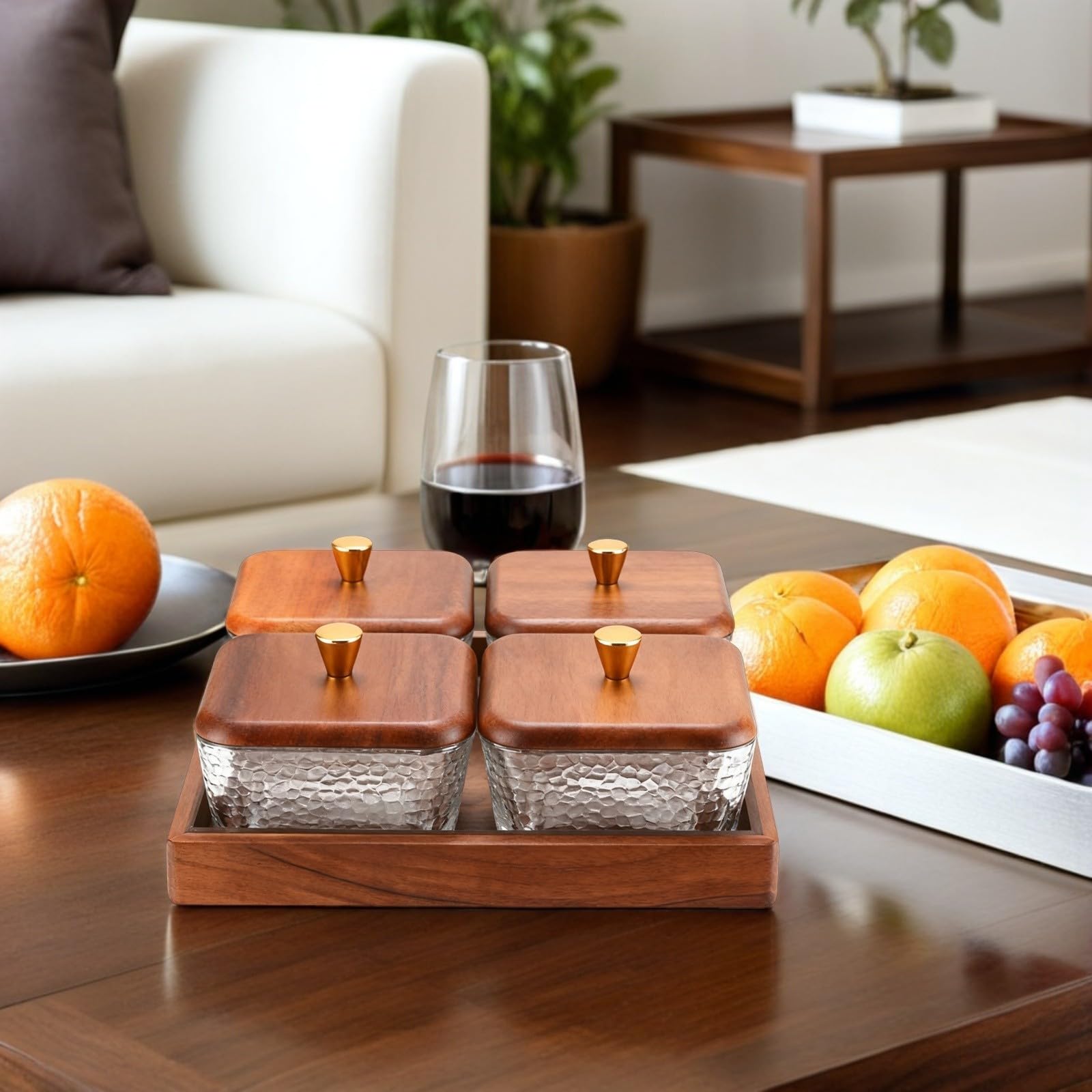 Zerodeko Bandeja de Fruta de Madera y Vidrio con 4 Compartimentos, Diseño Dividido para Organizar Snacks y Mantener Frescos, Adecuado para Despensa de Cocina y Eventos al Aire Libre