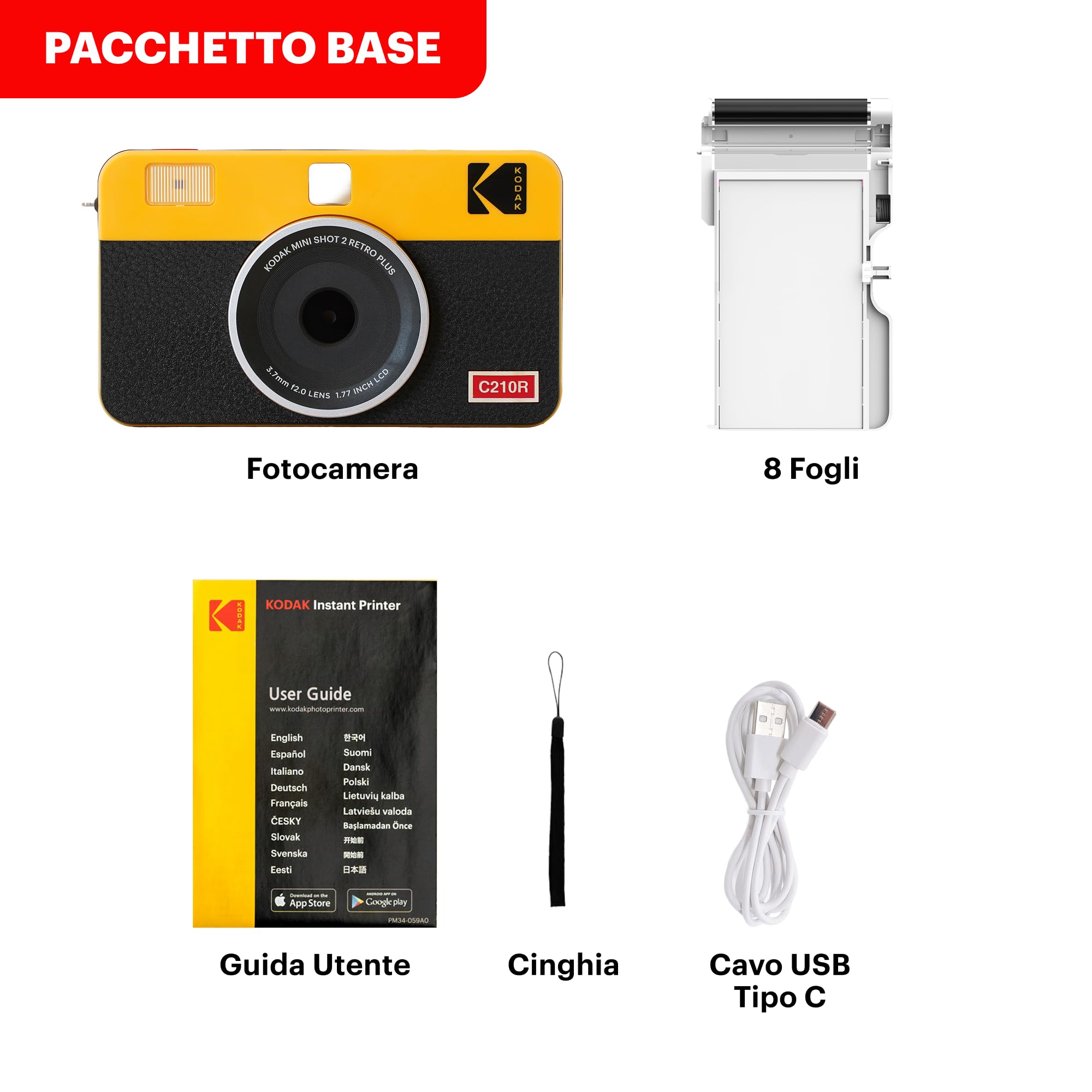 KODAK Mini Shot 2 Retro 4PASS 2-in-1 Fotocamera Istantanea & Stampante Fotografica (5.3x8.6cm) + 8 Fogli, Giallo