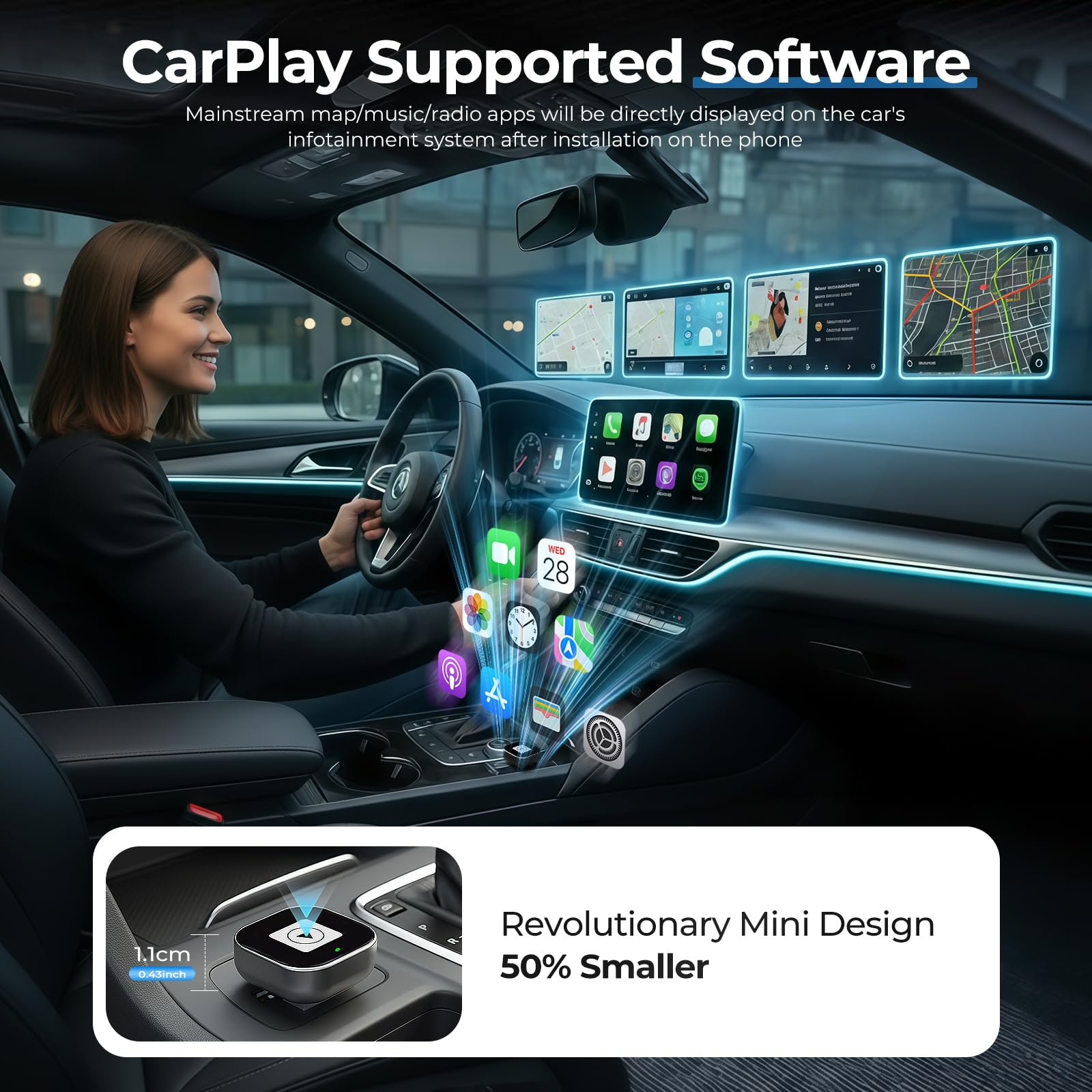 Adaptateur carplay sans Fil,Car Play sans Fil,Cle carplay sans Fil,Plug and Play,Wi-FI 5,8GHz,Convertir Filaire en sans Fil,Compatible avec Les Voitures à partir de 2016 et iOS 10+ Android11+
