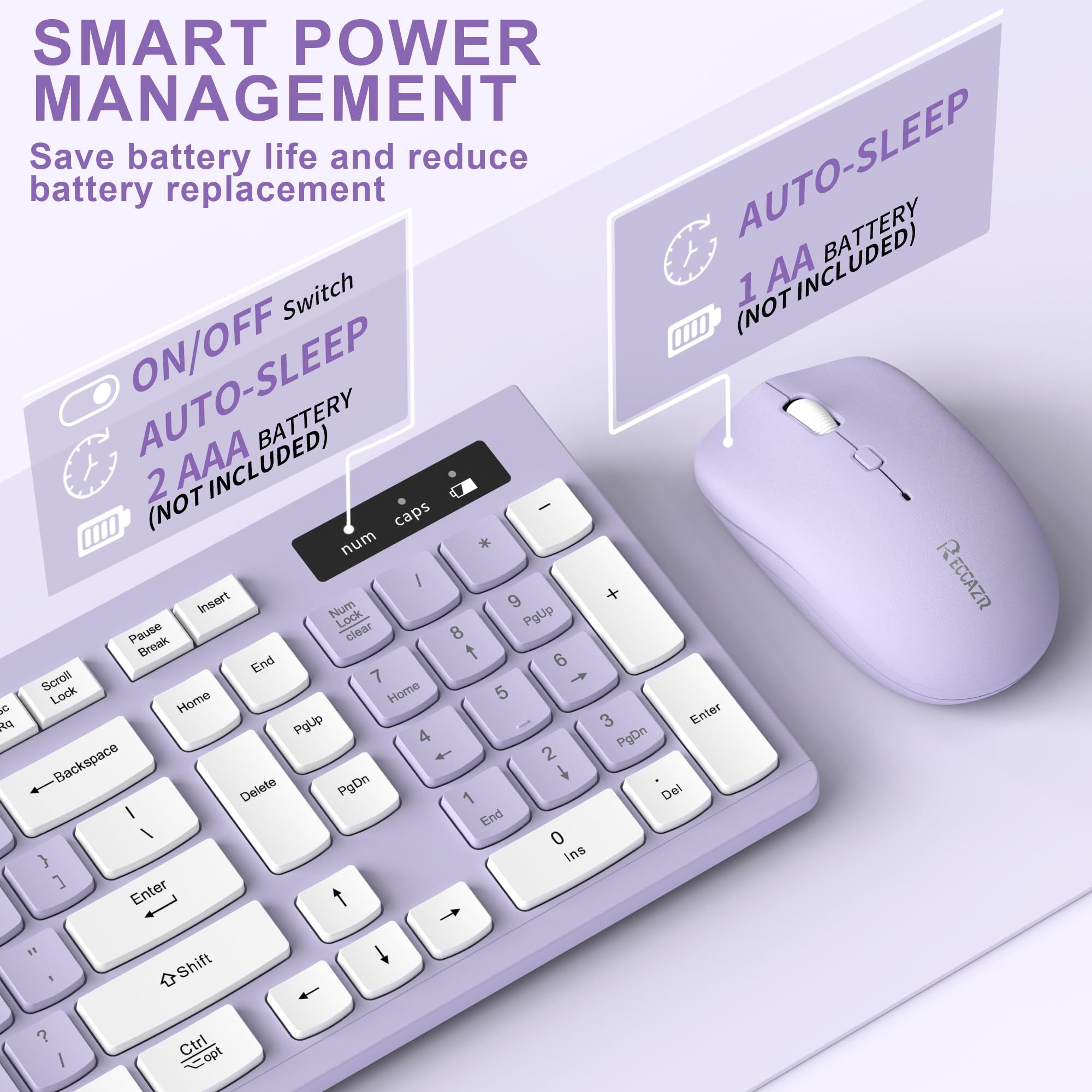 Wireless Keyboard and Mouse Combo, Full-Sized Wireless Keyboard and Adjustable DPI Mouse, 2.4GHz USB Receiver, Silent Keyboard and Mouse for PC, Windows, MAC, Desktop, Laptop(Purple)