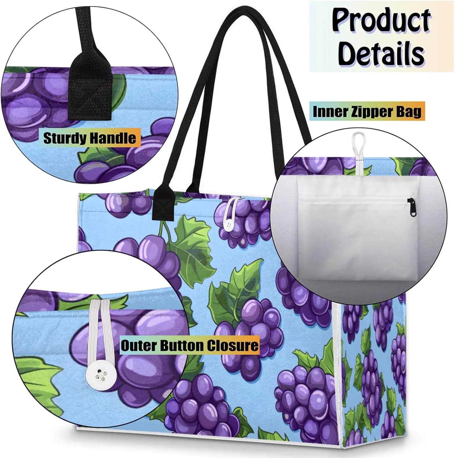 QsirBC Large Tote Bag for Women Men, Travel Beach Bag with Inner Zipper Pocket Snap Closure - Image 4