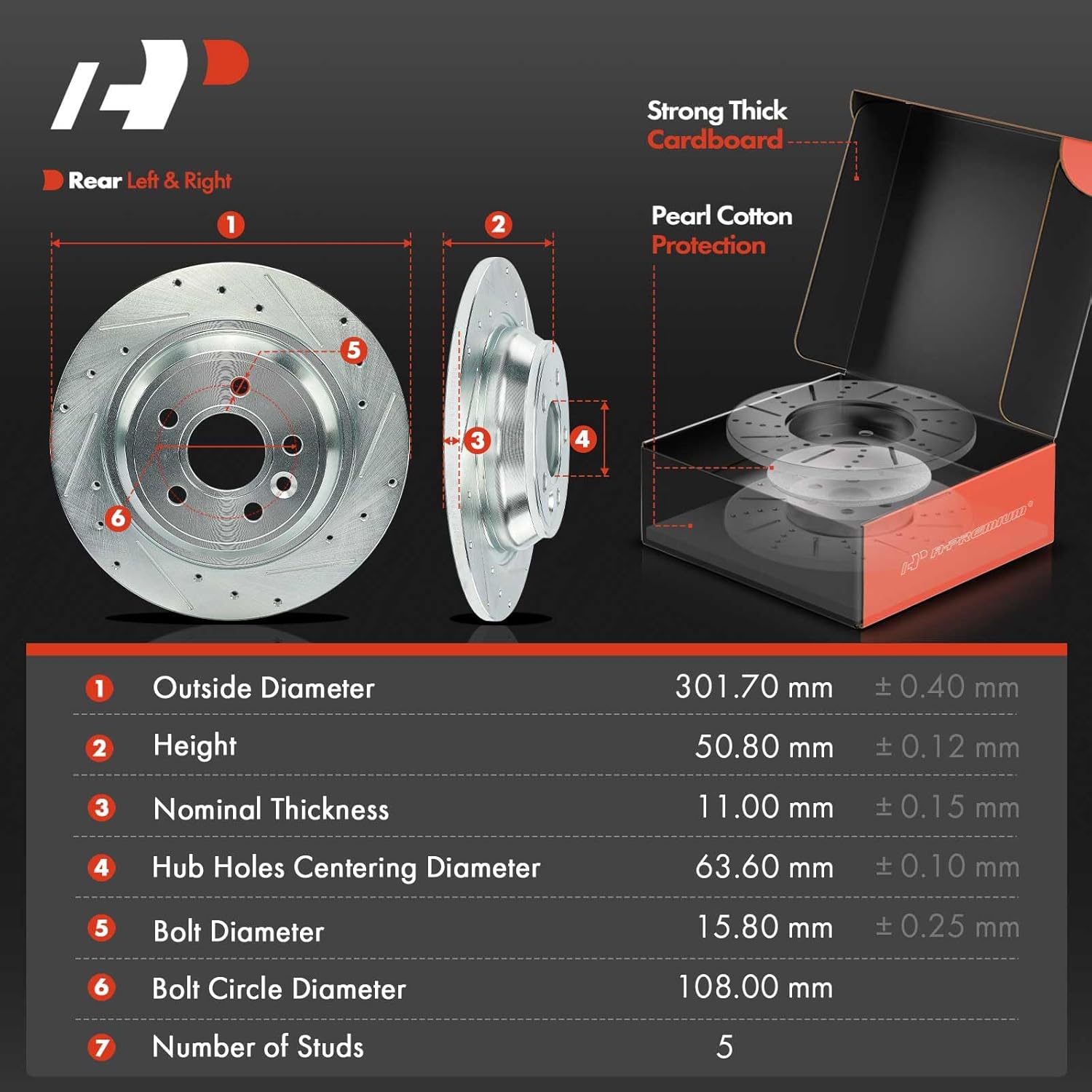 A-Premium 11.88 inch (301.7mm) Rear Drilled and Slotted Disc Brake Rotors + Ceramic Pads Kit Compatible with Select Land Rover Models - Range Rover Evoque 2012 2013 2014 2015, 6-PC Set