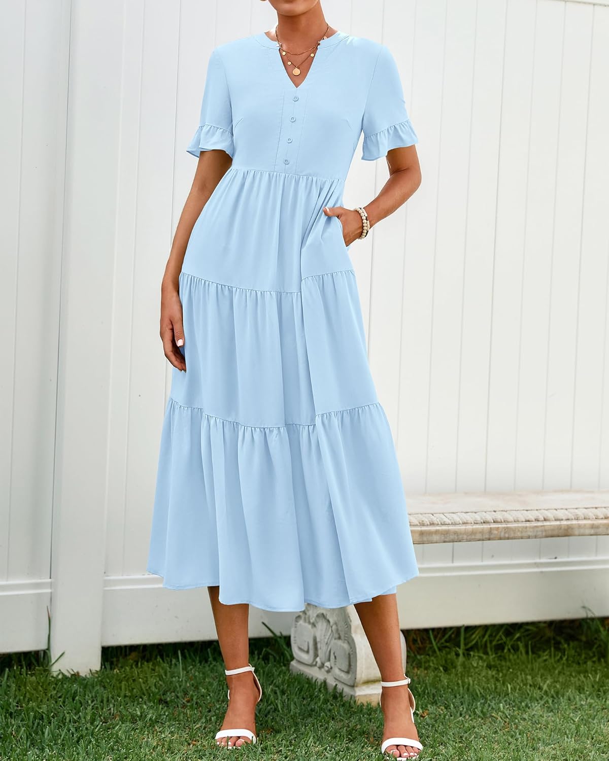 BTFBM Summer Dresses for Women 2025 Vacation V Neck Loose Short Sleeve A Line Tiered Flowy Casual Midi Beach Dress - Image 4