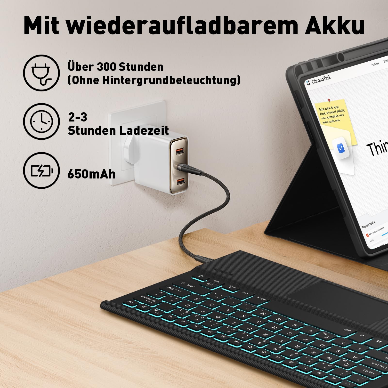 Tastatur mit Hülle für Lenovo Idea Tab Pro 2025 12.7 Zoll, Bluetooth Kabellose Tastatur mit Trackpad, Wiederaufladbar & Abnehmbar & 7 farbige Beleuchtung & QWERTZ, Schwarz