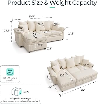 LINSY HOME 90.5'' Sectional Sleeper Sofa with Pull Out Couch Bed Modular (Beige, 90.5'') | USB Charging
