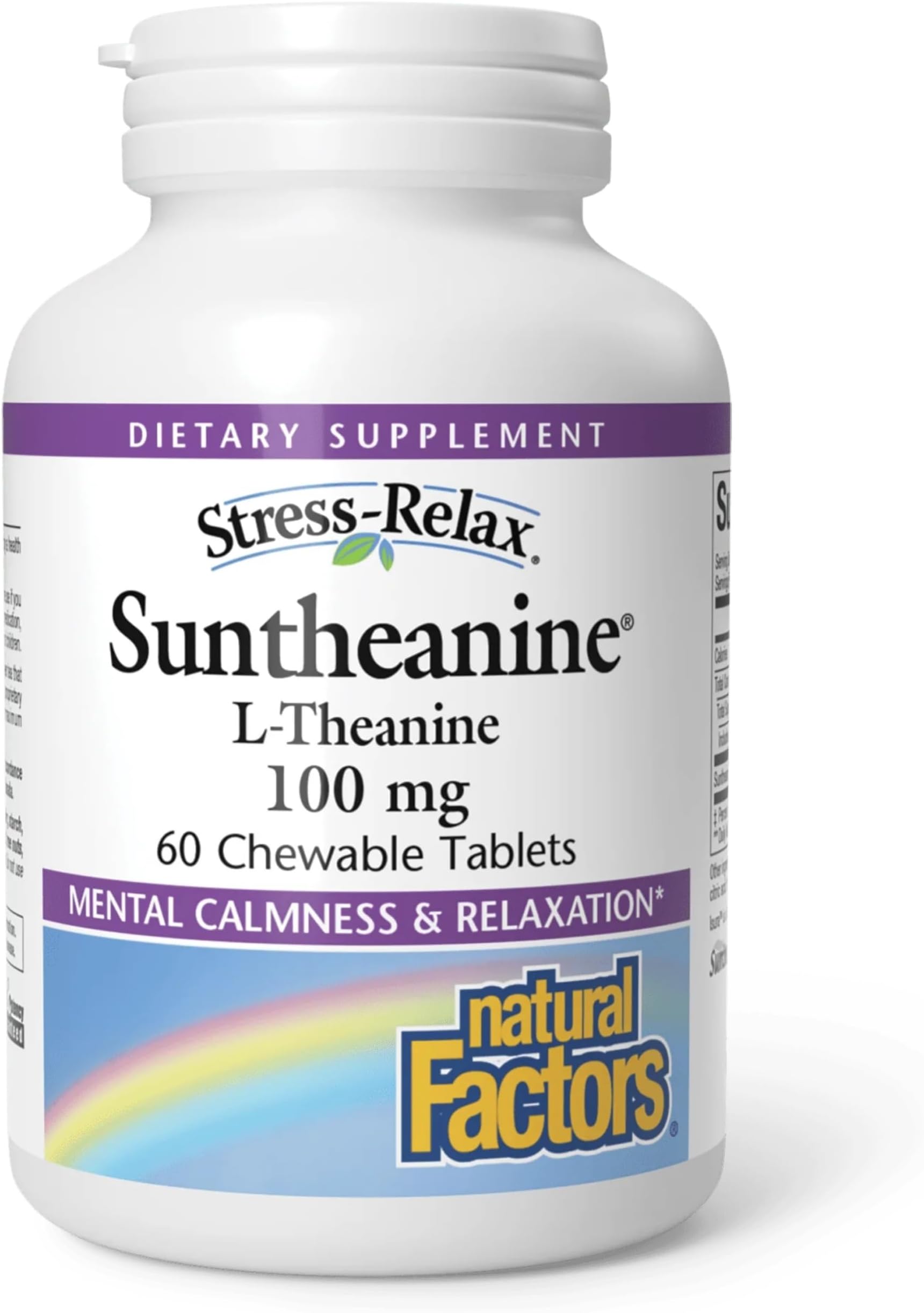 Natural Factors Suntheanine L-Theanine 100 mg - Health Supplement for Calm Outlook - L-Theanine Supplement Supports Relaxing Sleep & Aids Against Drowsiness - 60 Chewable Tablets (30 Servings)