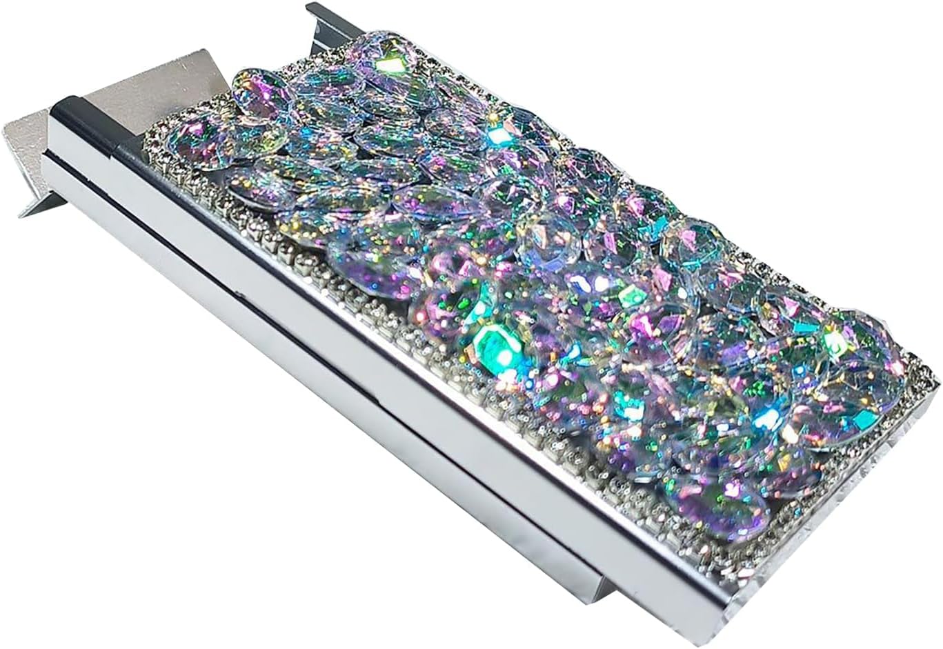 Cigarette Case Rhinestone Cigarettes Storage Holder Slim Pocket Cigarette Box 20 Capacity for 100's Size Bling Metal Pill Case Smoker Gift for Women Ladies -AB