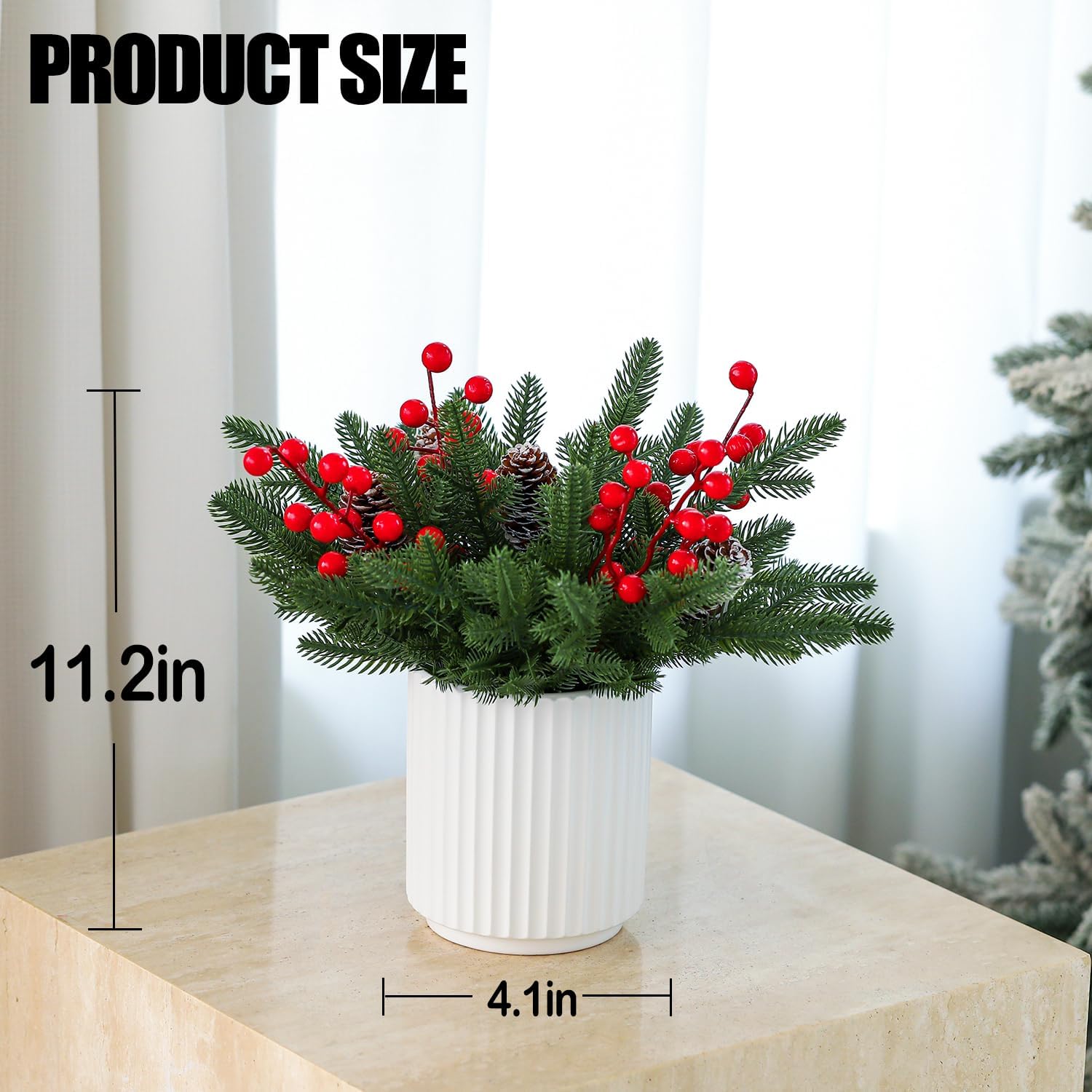 13 Inch Artificial Norfolk Pine Branches with Red Berry in a White Ceramic Pot,Christmas Greenery with Lights Pine Cones for Xmas Kitchen Living Room Tabletop Decor (40 Pcs)