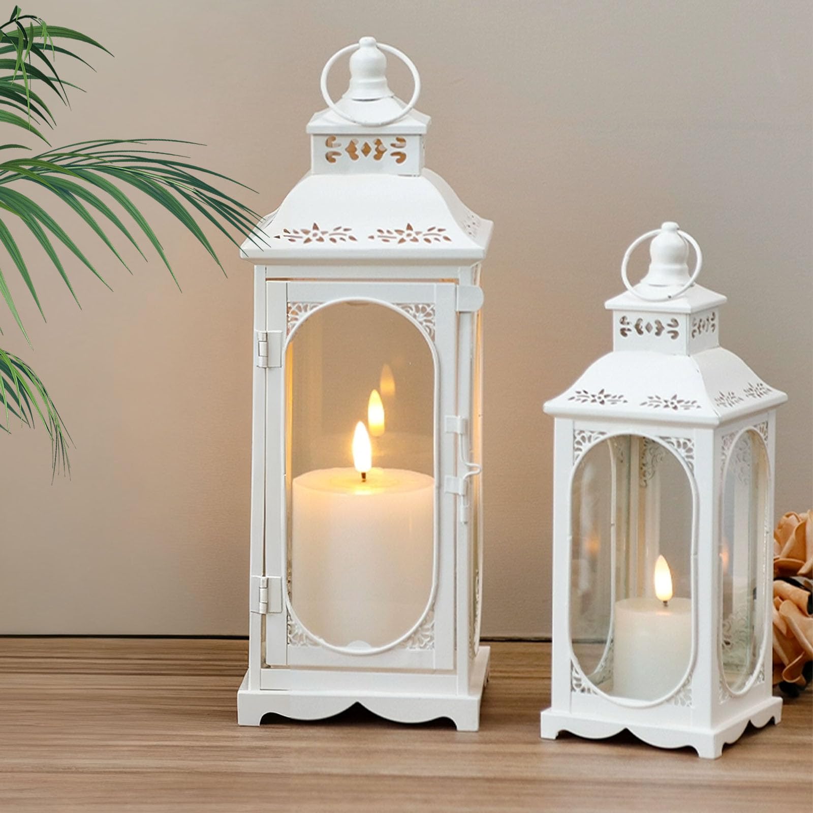 Juego de 2 linternas, metal blanco, linternas decorativas para interiores y exteriores | Lámpara de jardín retro de 34/50 cm, luz de viento, decoración del hogar, Navidad, Halloween, vela