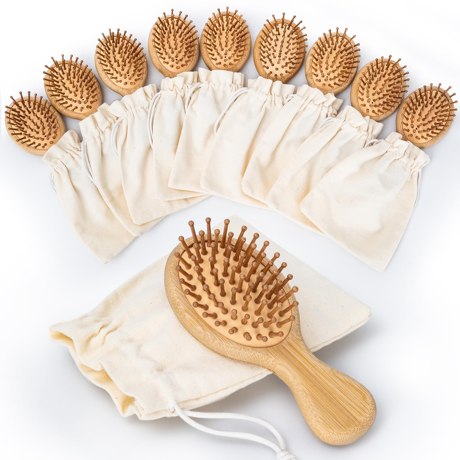 10-Pack Mini Bamboo Hair Brush Set with Linen Bags, 5.5-Inch Blank Wooden Brushes