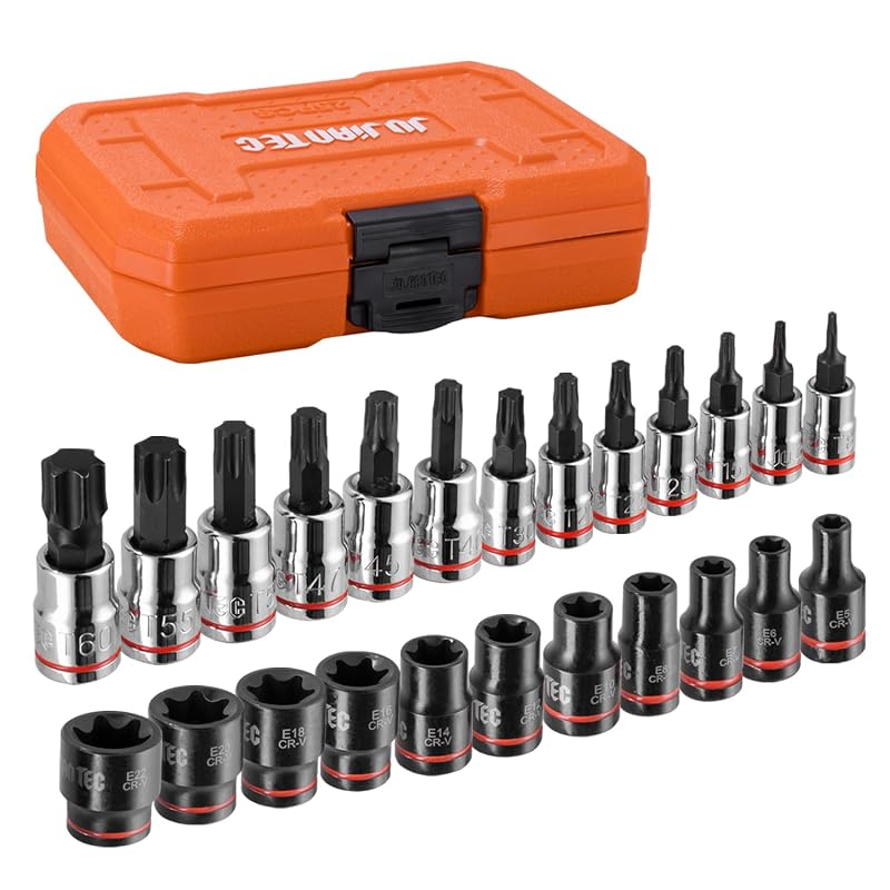 Kit de Soquetes Torx e E-Torx JU JIAN TEC em Aço CR-V, 25 Peças