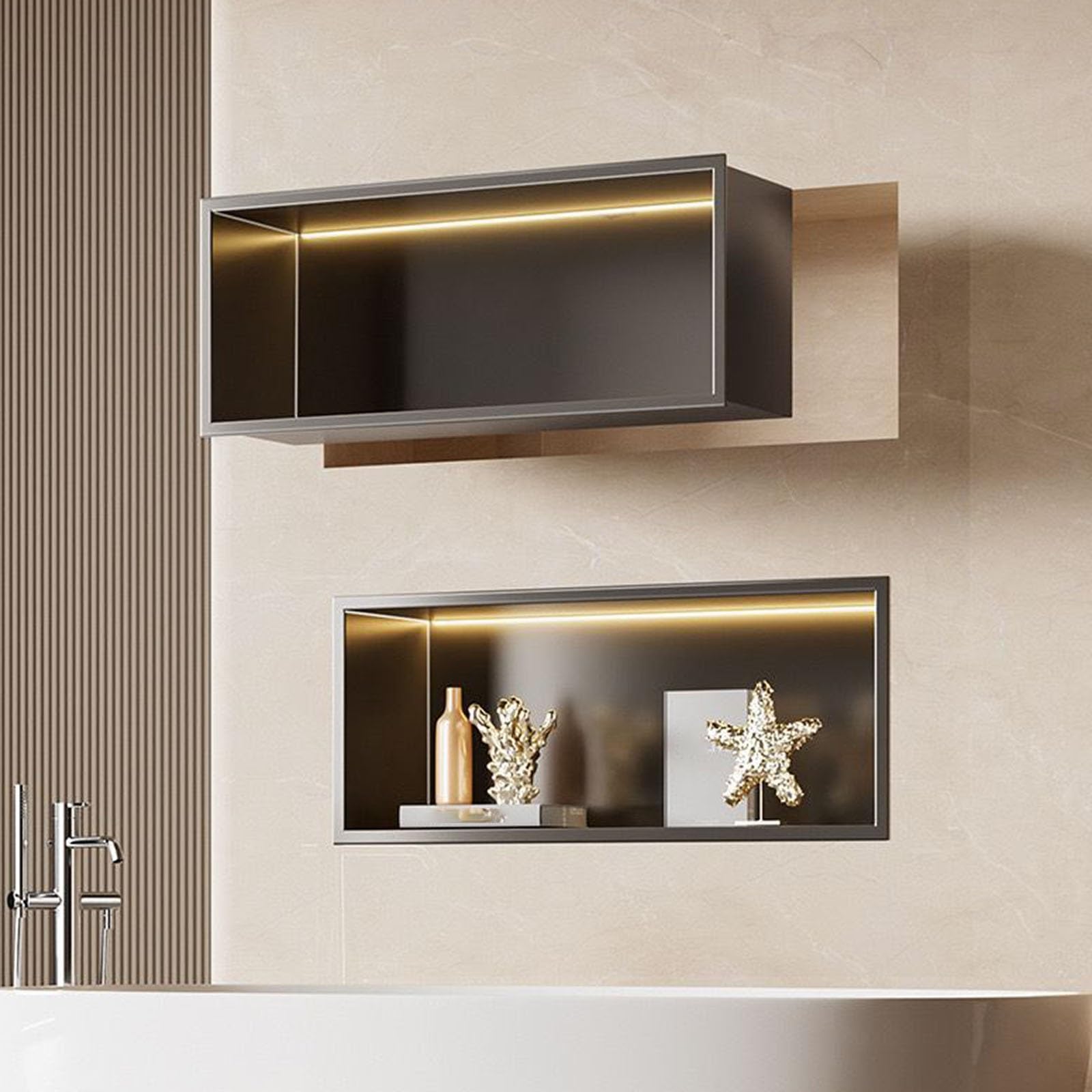 Nicho de pared de ducha empotrable LED, almacenamiento de baño de acero