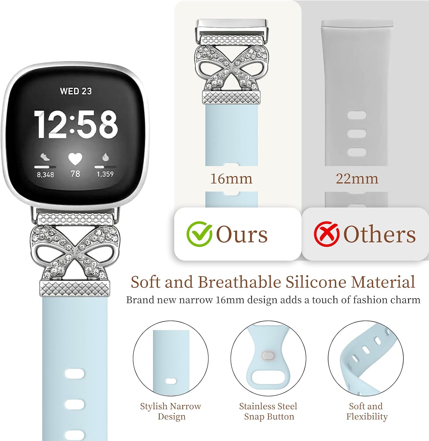 Slim Bowknot Silicone Band Compatible with Fitbit Versa 4 Bands/Fitbit Versa 3 / Sense/Fitbit Sense 2 Watch Bands for Women Men,Soft Thin Silicone Waterproof Straps Replacement Wristbands image 3