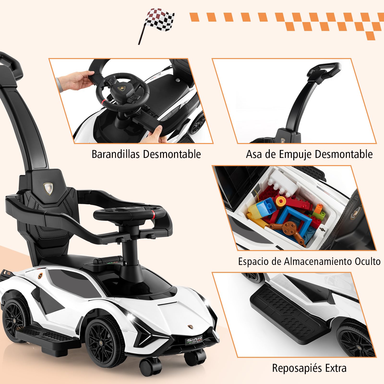 COSTWAY 3 en 1 Coche Correpasillos para Niños, Coche de Empuje Lamborghini, Coche de Paseo para Niños con Barandillas y Manillar Desmontables, Música, Faros y Ruedas Universales Desmontables (Blanco)