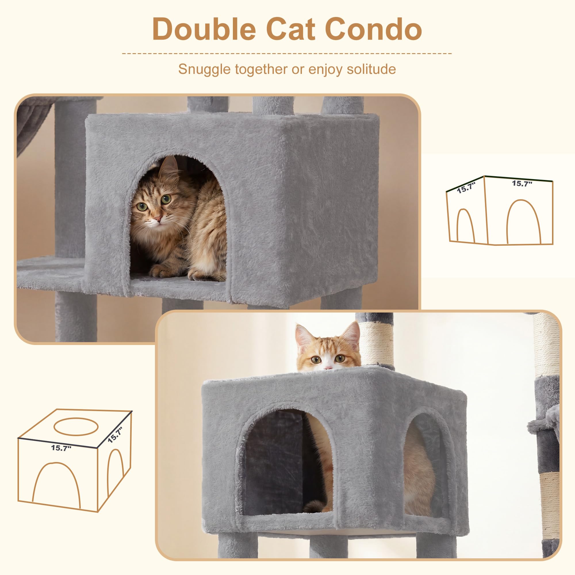 Heybly Árbol para Gatos de 173 cm para Gatos de Interior, Torre Resistente con Plataforma Superior Extra Grande, 2 Condos Acogedores, 2 Cestas, 10 Postes Rascadores de Sisal, Gris Claro HCT059W