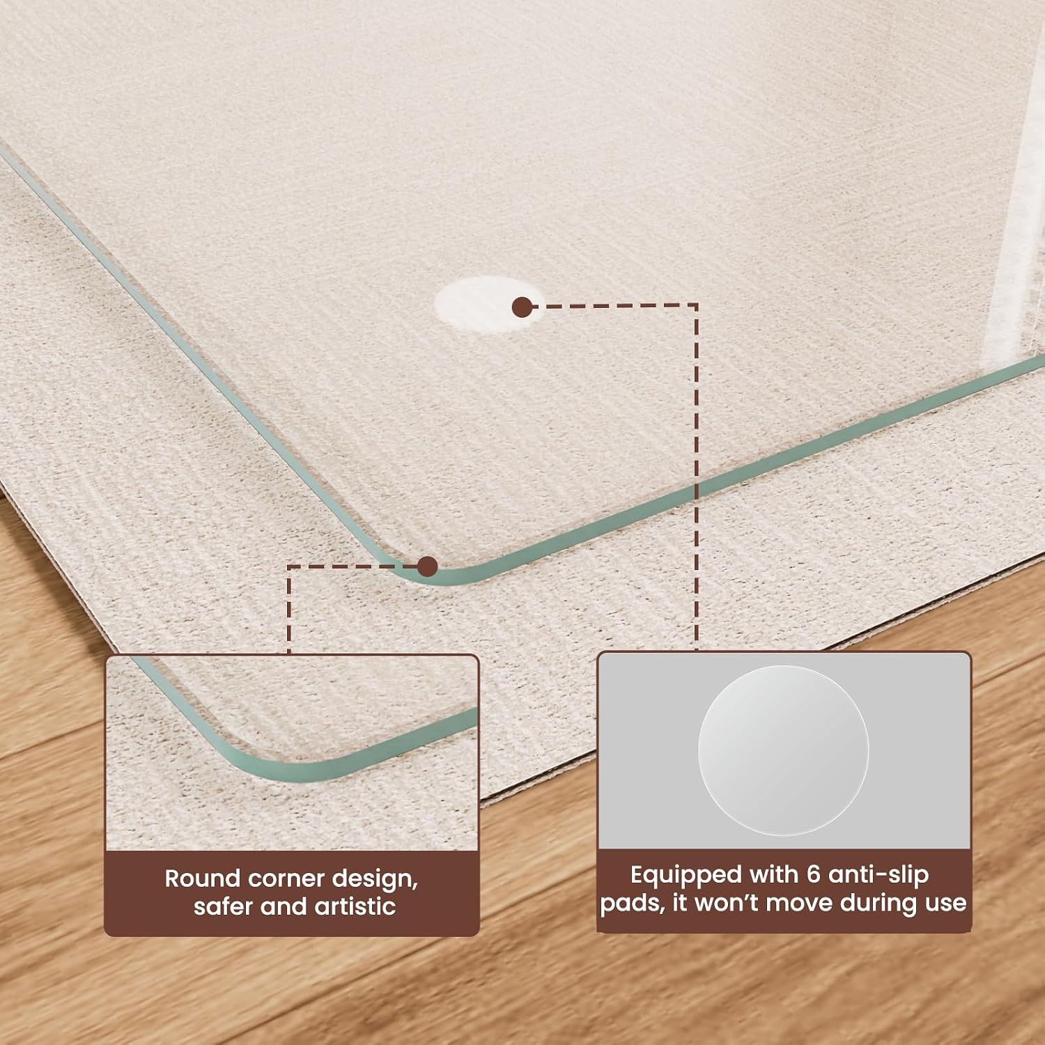 36"x55" Chair Mat for Carpet, Tempered Glass Office Chair Mat with Round Corner, Desk Floor Mat for Office Chair/Rolling Chair/Hardwood Floor with 6 Anti-Slip Pads