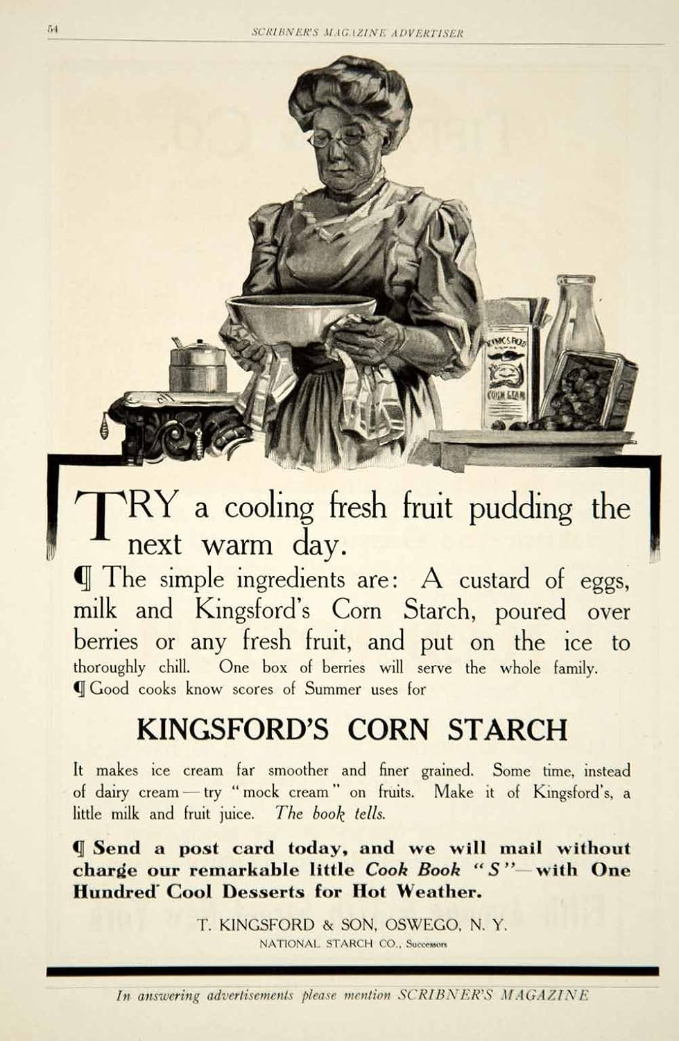 1909 Ad T Kingsford Corn Starch Fruit Pudding Recipe