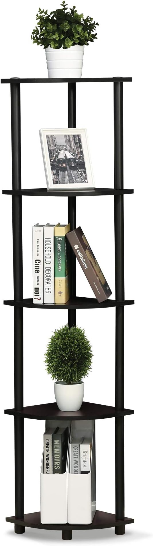 Furinno TURN-N-TUBE Corner Shelf, 5-Tier Corner Bookshelf, Open Storage Shelves, for Organization and Storage, Living Room, Home Office, Garage, Bedroom, Dark Walnut