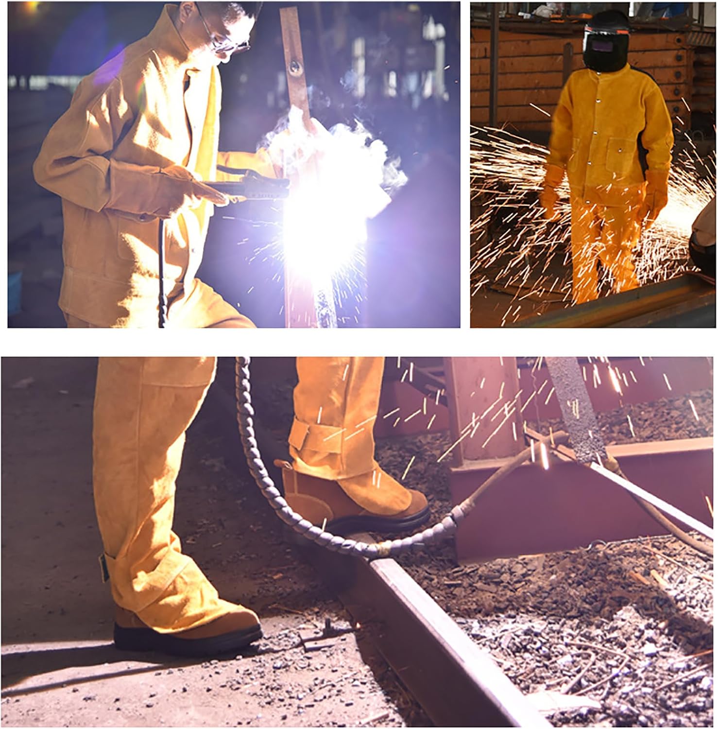 Leather Welding Jacket - Flame-Resistant Heavy Duty Work Welder Jackets - Cowhide Welding Coat for Men Women,Yellow,XL