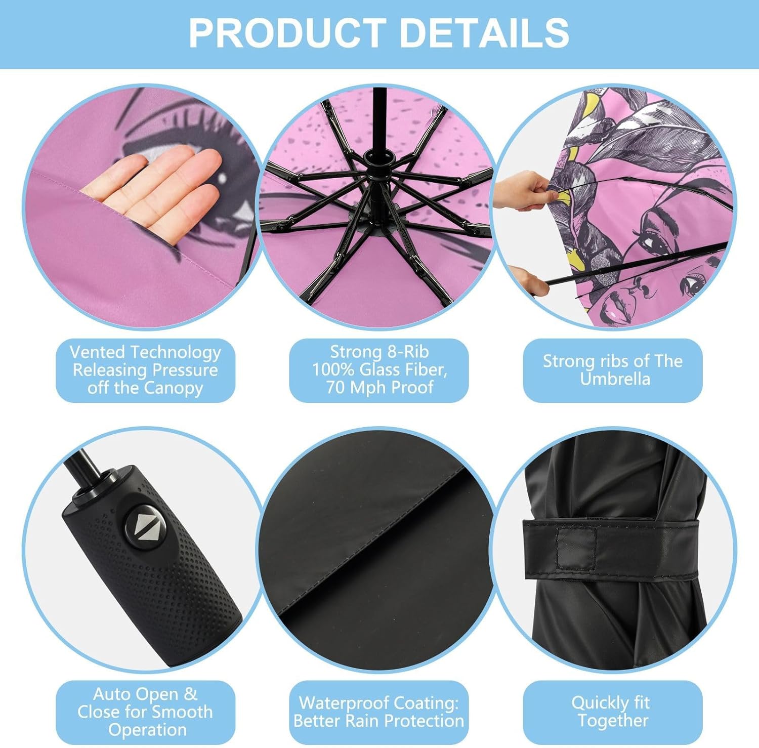 Lemons Baby Pink Travel Windproof Umbrella Compact Foldable Umbrellas for Student Car Essentials